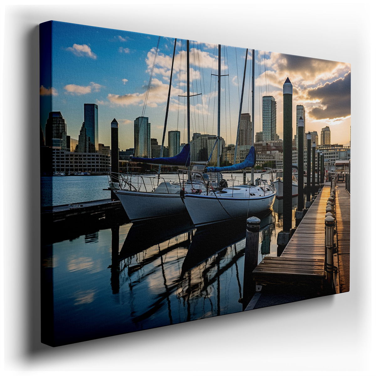Urban Harbor at Sunset - Tranquil Blue Canvas Wall Art