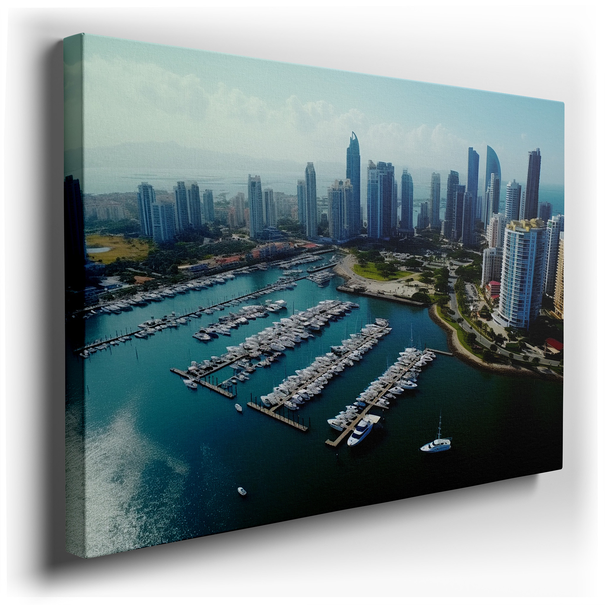 Urban Marina Elegance: Skyscrapers and Luxurious Yachts Wall Art - Large Canvas for Office and Bedroom Decor wrapped