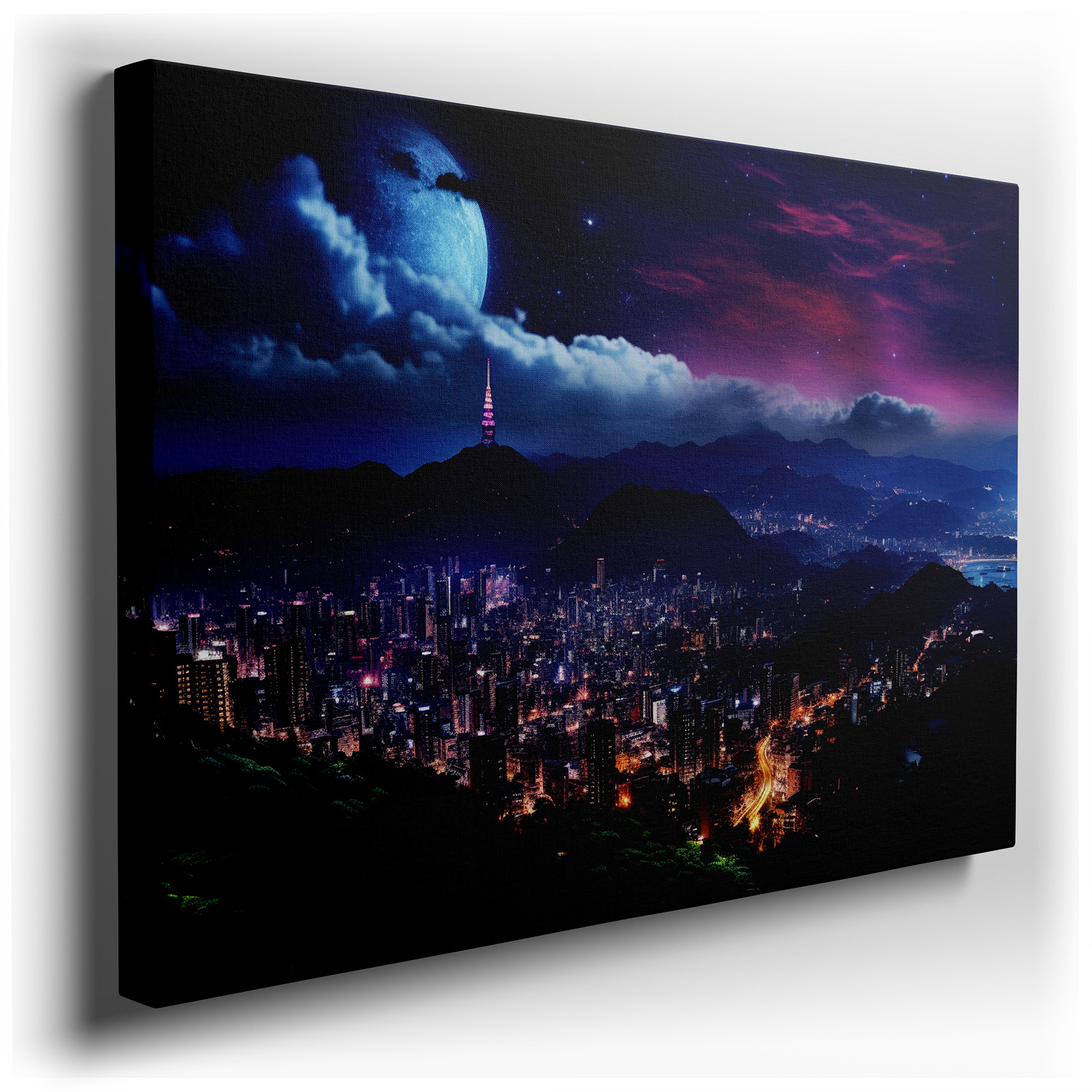 Urban Nightscape Featuring a Bright Moon Above a Bustling City - Large Canvas Wall Art for Offices, Bedrooms, and