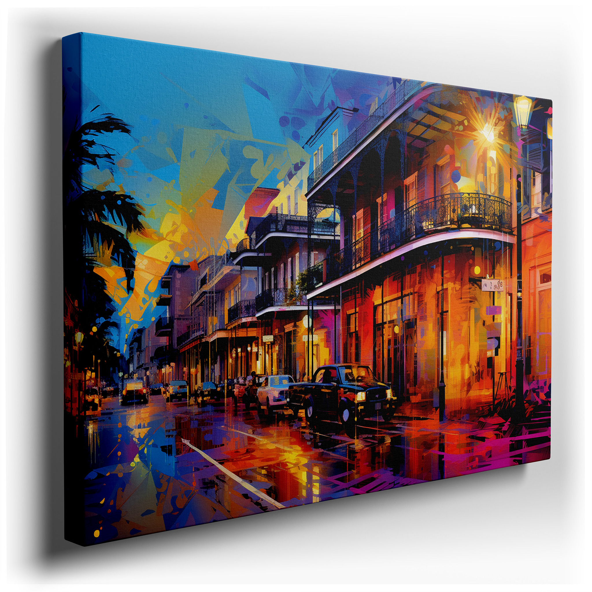 Urban Nightscape Featuring Neon Lights, Classic Cars, and Wet Streets - Large Canvas Wall Art for Office and Bedroom