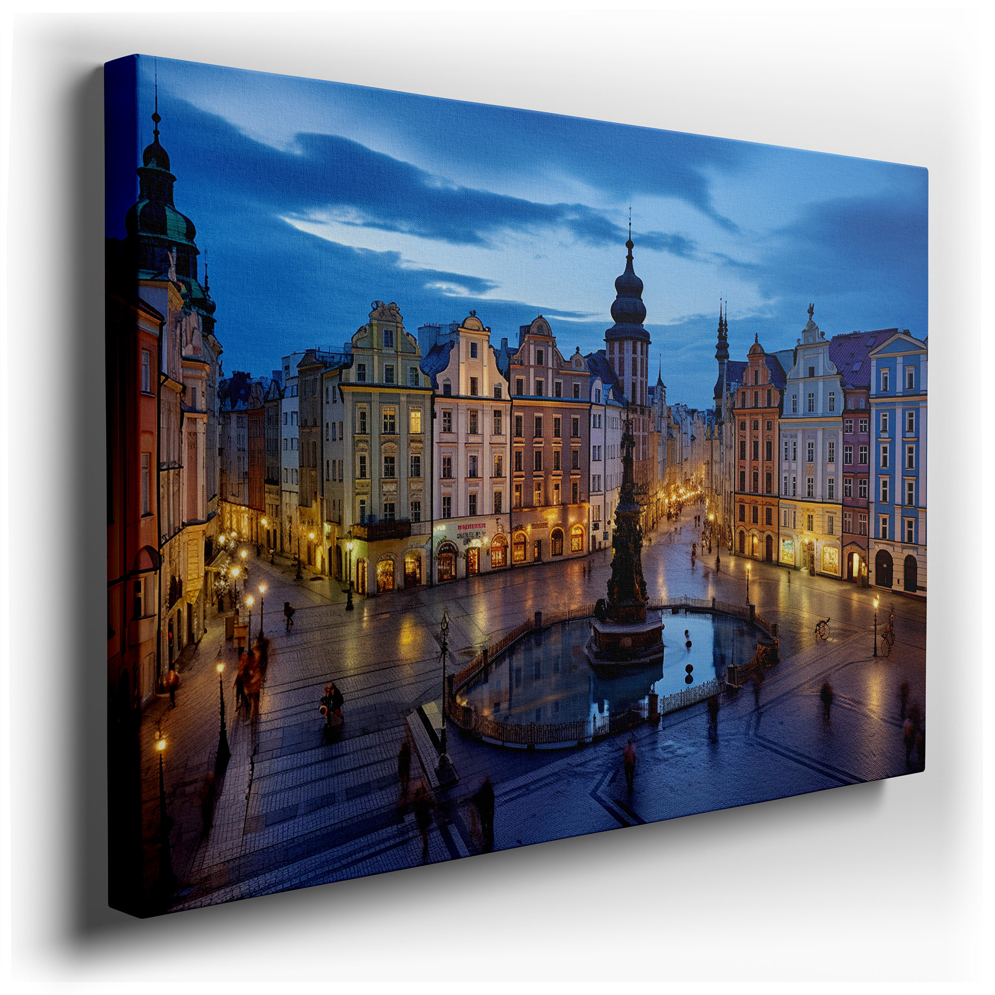 Urban Oasis at Dusk: Vibrant City Square with Sculpted Fountain and Majestic Buildings - Large Wall Art, Canvas Wall