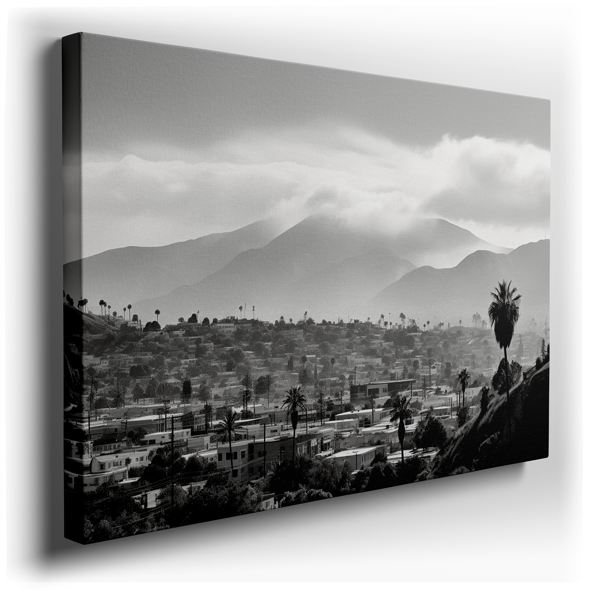 Urban Serenity and Majestic Mountains Combine in a Monochromatic Masterpiece: Large Wall Art, Canvas Wall Art, Wall