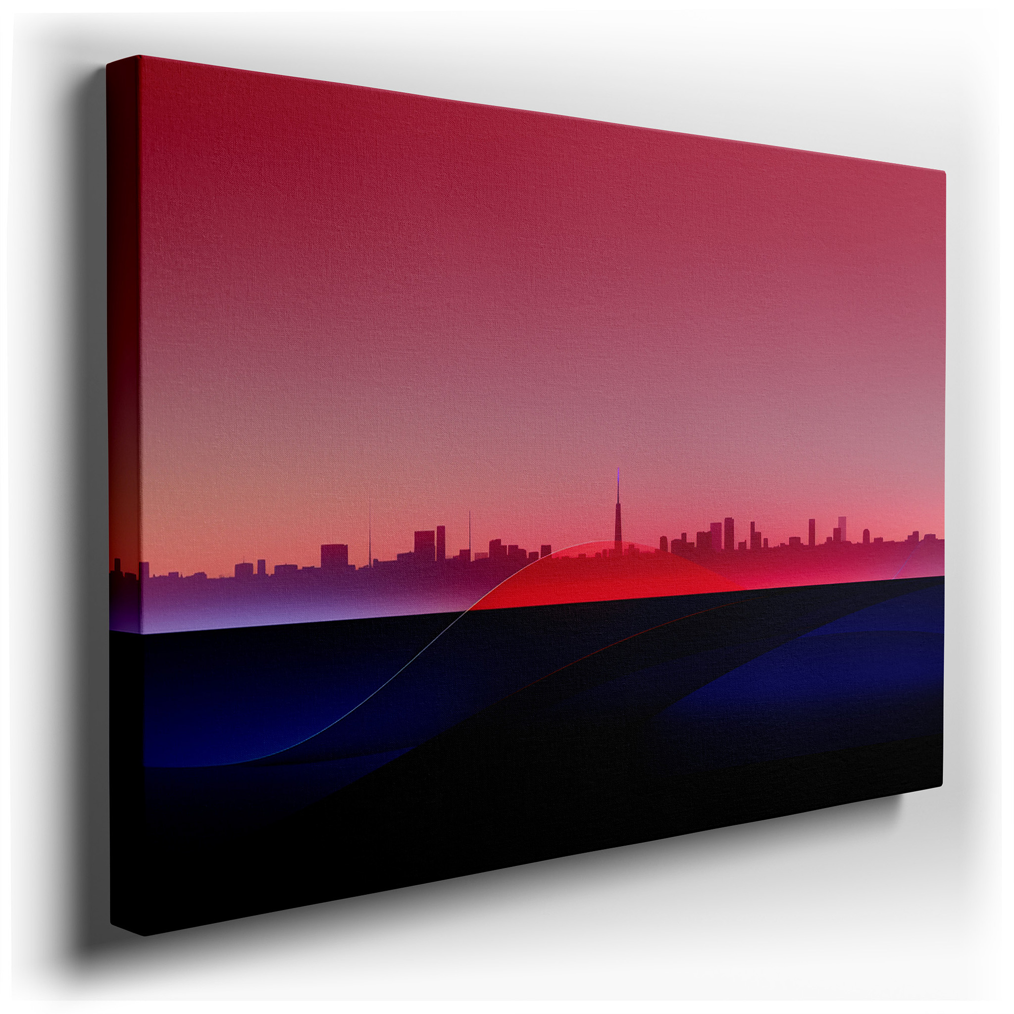 Urban Skyline and Ocean Waves Wall Art in Vivid Reds and Blues - Large Canvas for Office, Bedroom, or Living Room Decor