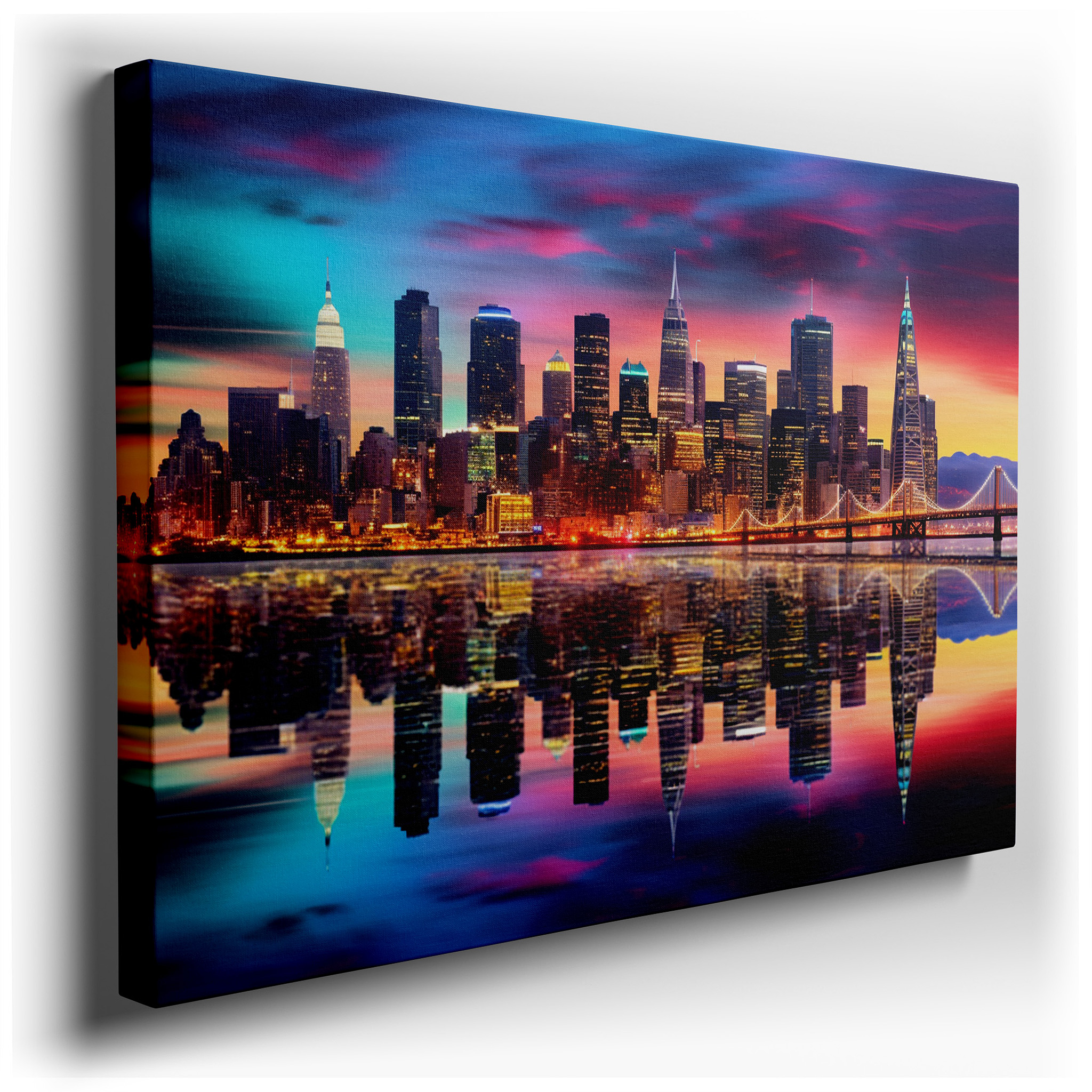Urban Skyline at Sunset with Reflective River: A Fusion of Historic and Contemporary Architecture - Large Canvas Wall