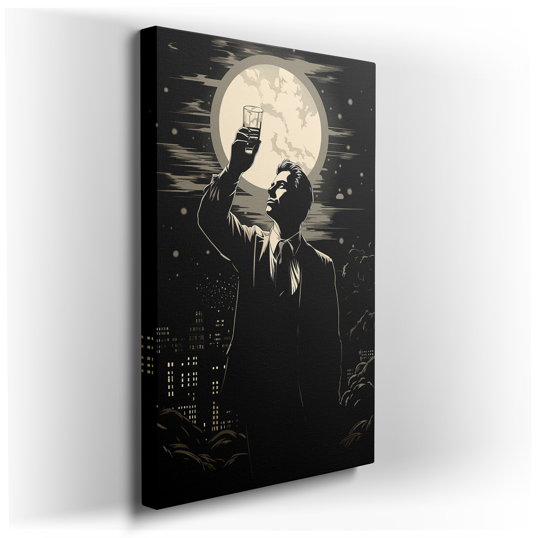 Urban Solitude: Contemplative Man Silhouette Against City Nightlife - Large Canvas Wall Art for Office and Bedroom