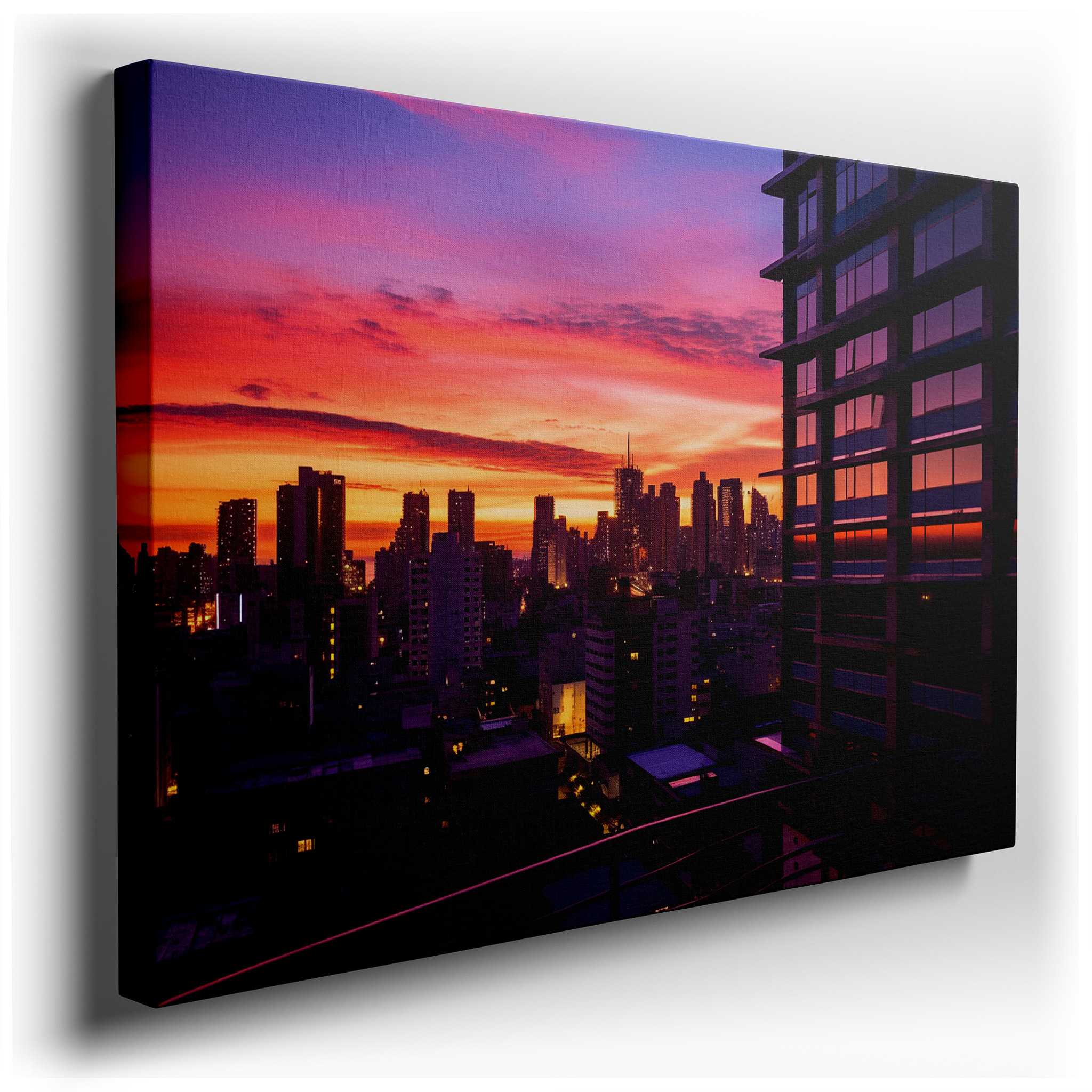 Urban Sunset Above Glass Skyscrapers - Vibrant Day to Night Transition Large Wall Art, Canvas Wall Art, Wall Decor,