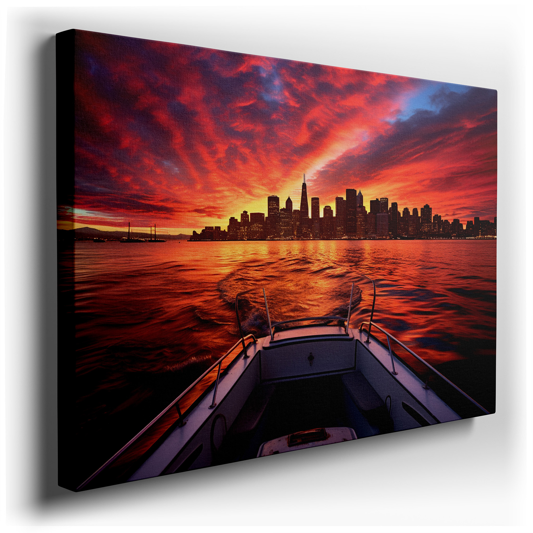 Urban Sunset and Serene Waters: A Vivid Skyline and Nature's Tranquil Beauty - Large Wall Art, Canvas Wall Art, Wall
