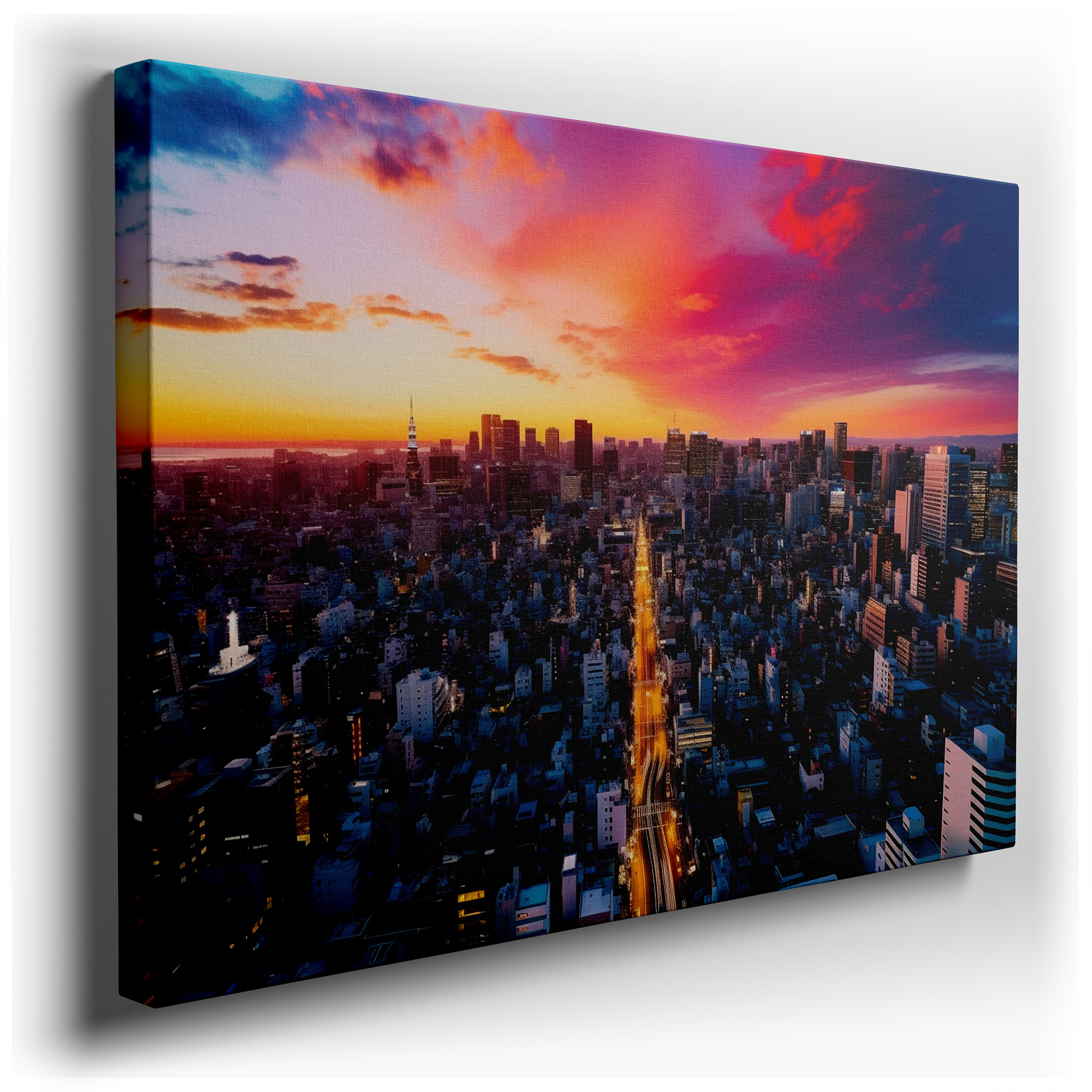 Urban Sunset Enchantment: A Vivid Symphony of Light and Architecture - Large Canvas Wall Art for Office and Bedroom