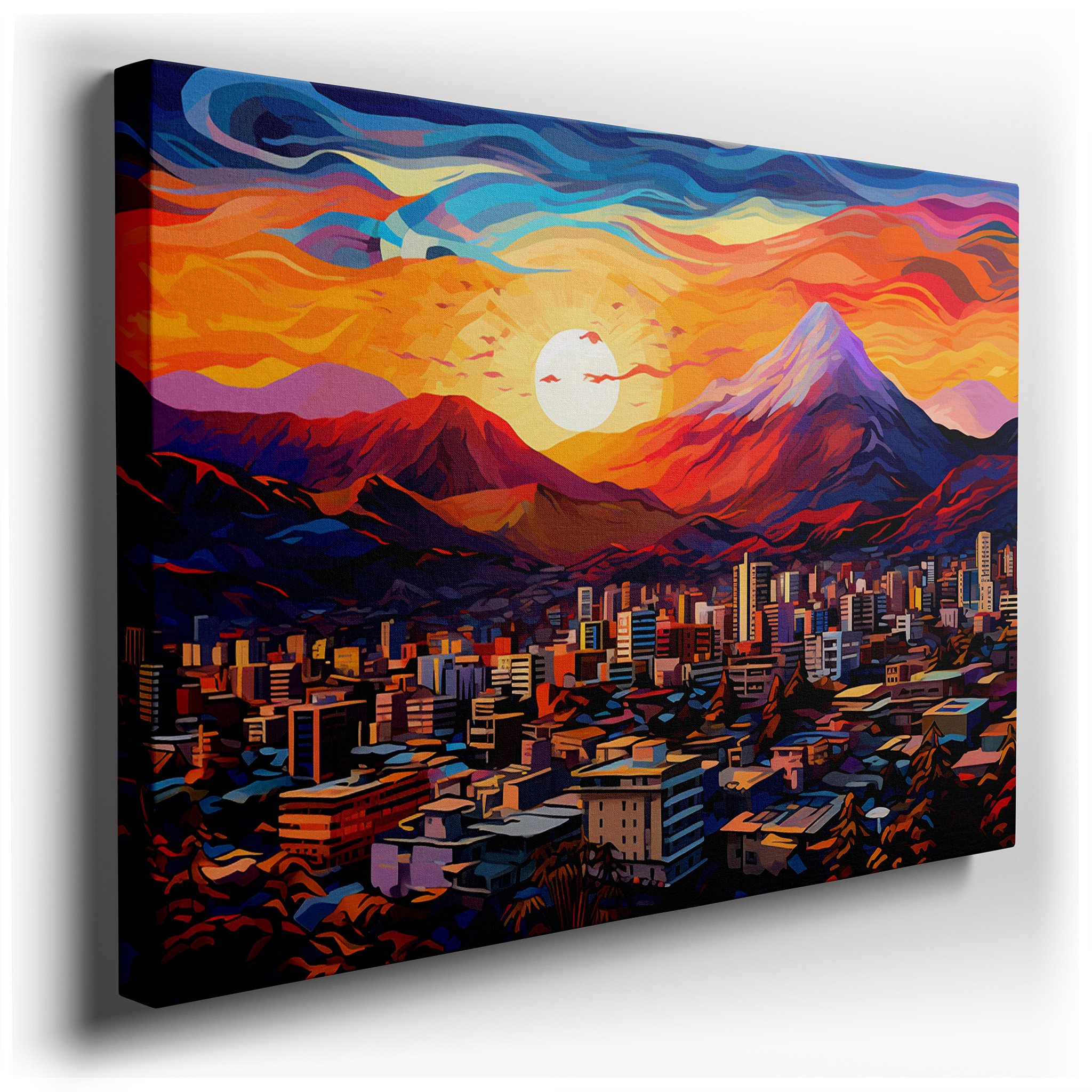 Urban Sunset Symphony - Vibrant Cityscape with Majestic Mountains Large Wall Art, Canvas Wall Decor for Offices and
