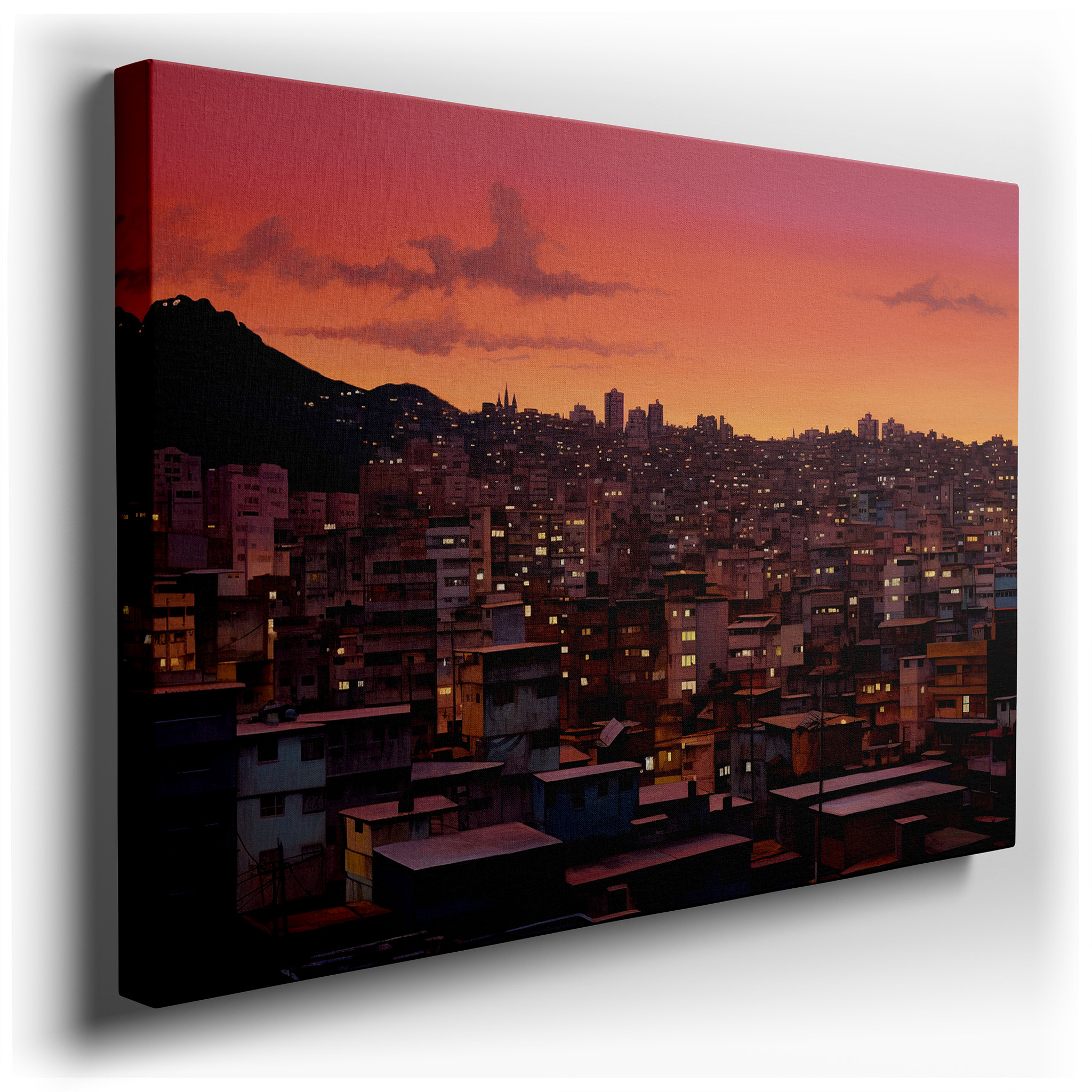 Urban Twilight: Dusk Panorama - Vibrant Skies and Lit Skyscrapers, Large Canvas Wall Art for Office Decor wrapped