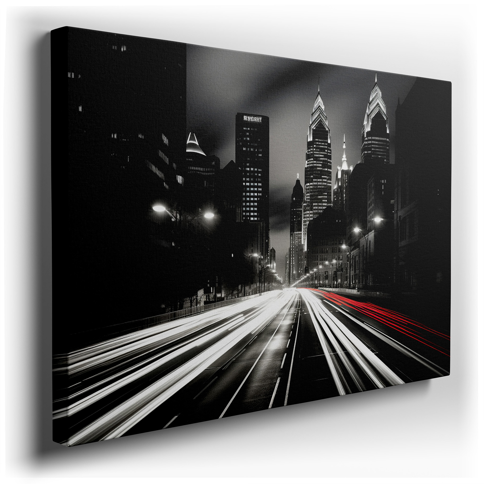 Urban Vitality Wall Art: Dynamic Black and White Cityscape with Light Streaks and Silhouetted Skyscrapers - Large