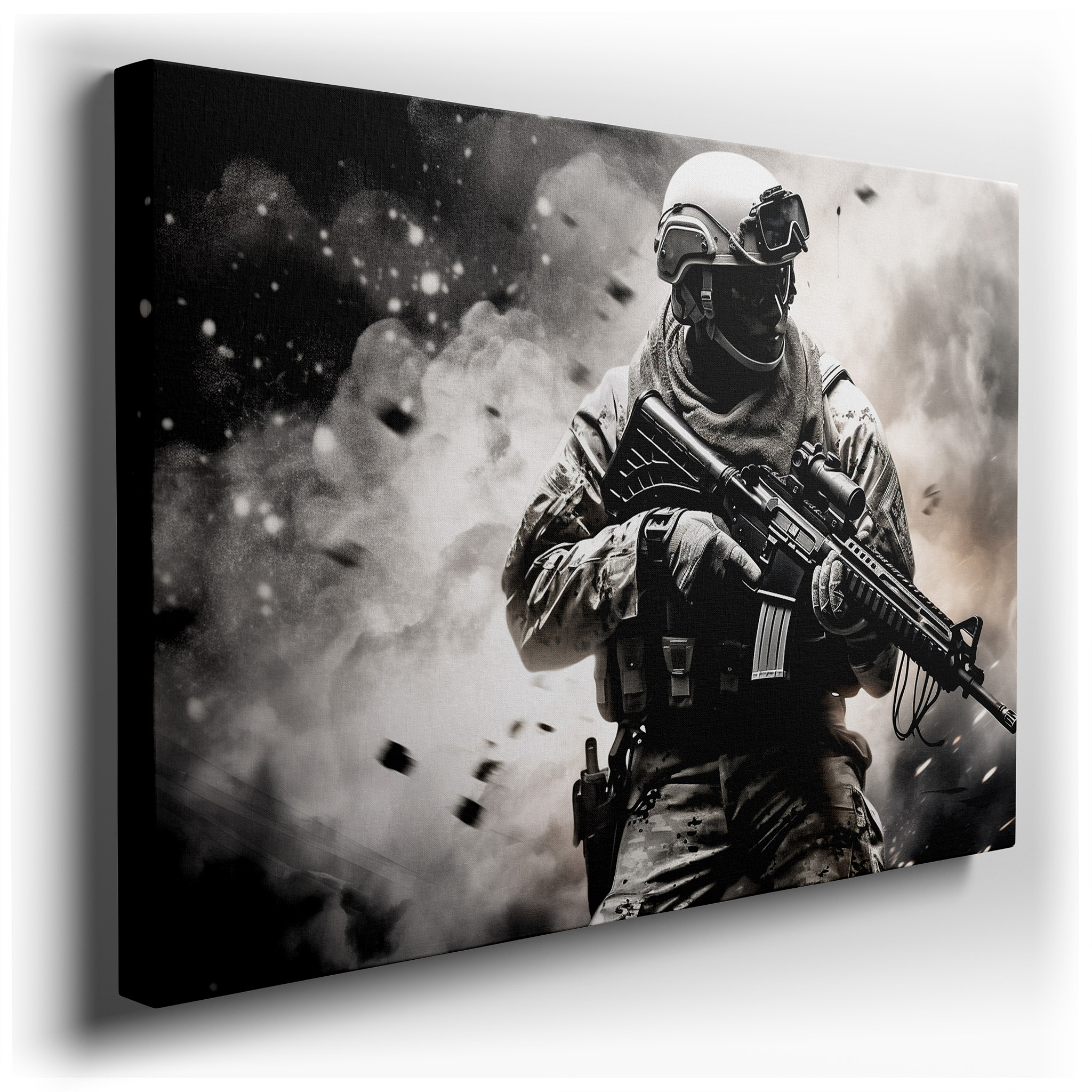 Valor Soldier in Intense Conflict, Emblem of Power and Preparedness, Large Canvas Wall Art for Office and Bedroom Decor