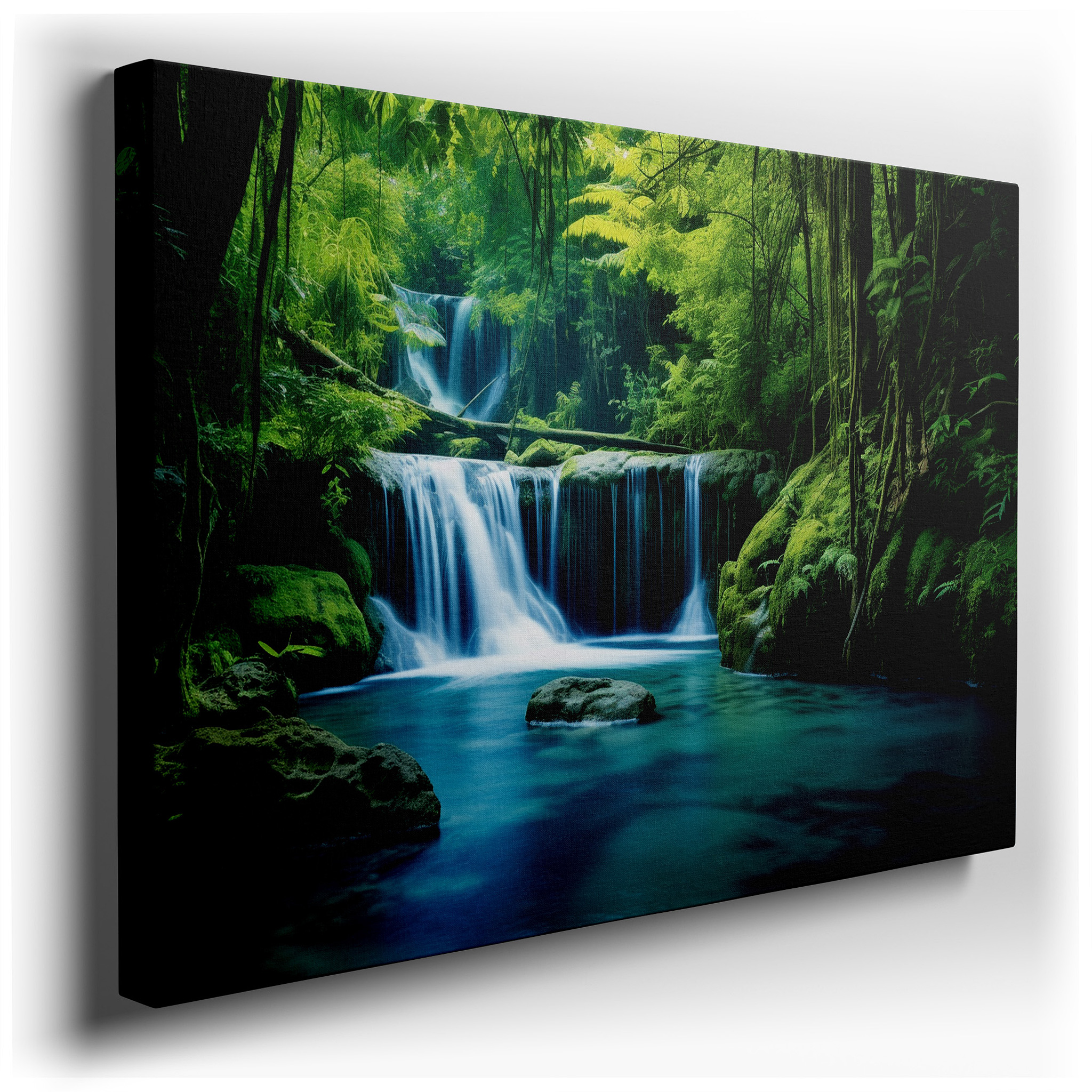 Verdant Forest Sanctuary Canvas Wall Art Featuring Cascading Waterfalls and Tranquil Pool, Ideal for Office and Bedroom