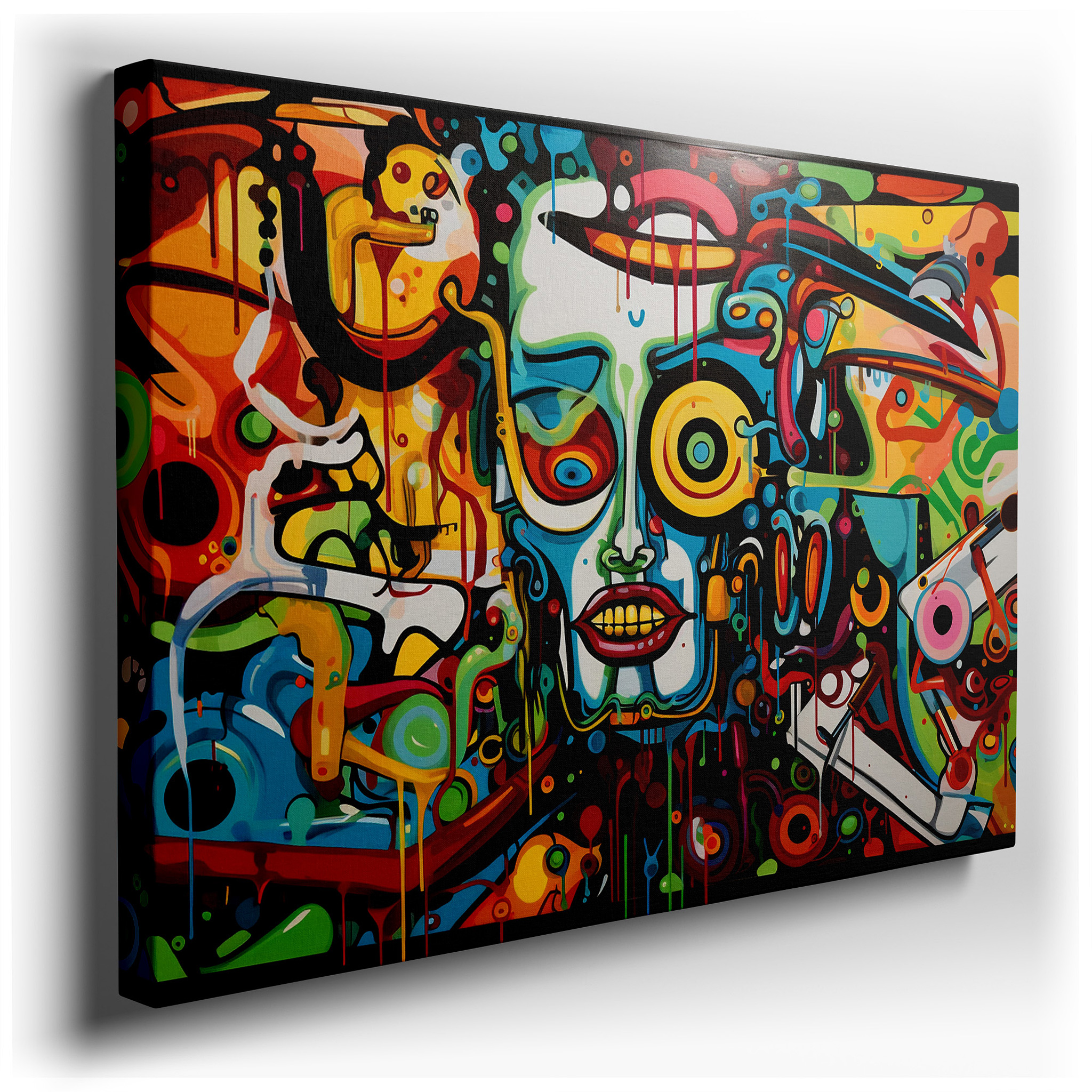 Vibrant Abstract Symphony Wall Art Featuring Dynamic Swirls and Stylized Faces - Large Canvas Art for Home and Office