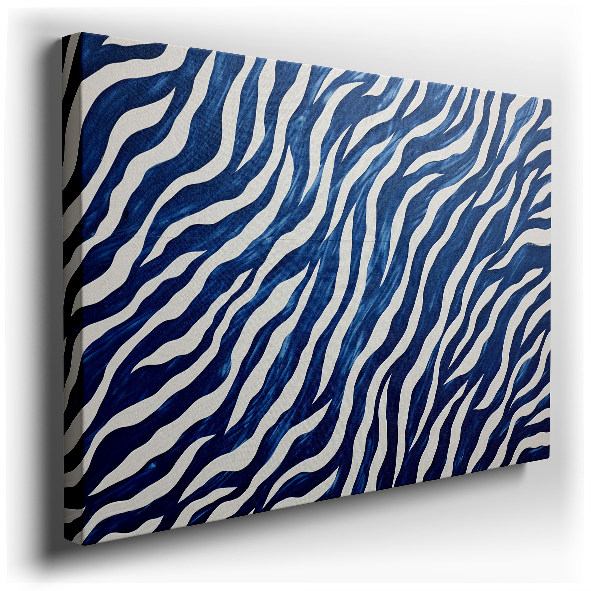 Vibrant Blue and White Zebra Stripes in Dynamic Flow, Contemporary Abstract Large Wall Art, Canvas Wall Decor for