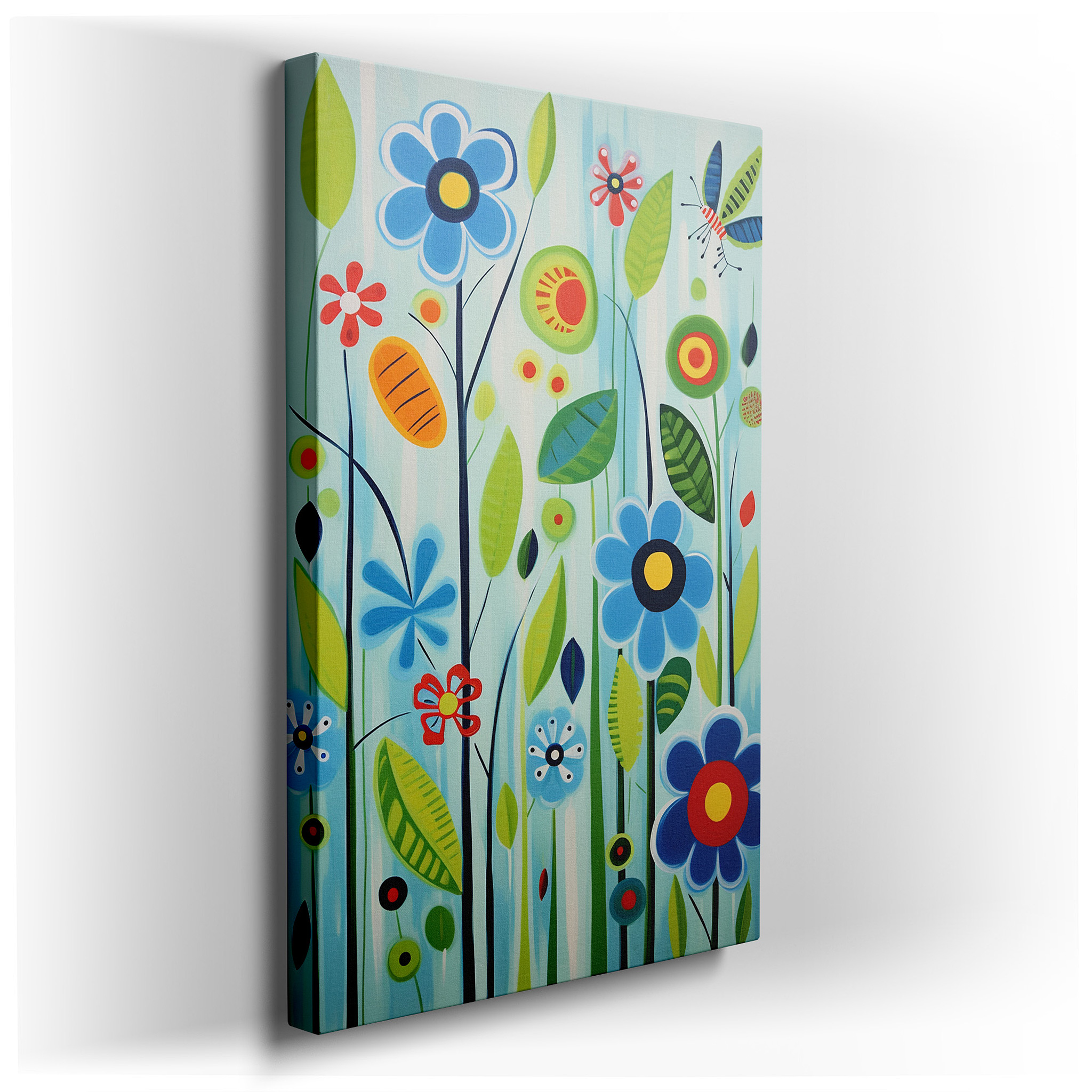 Vibrant Celebration of Nature: Bright Flowers and Playful Butterflies on a Serene Blue Background - Large Canvas Wall
