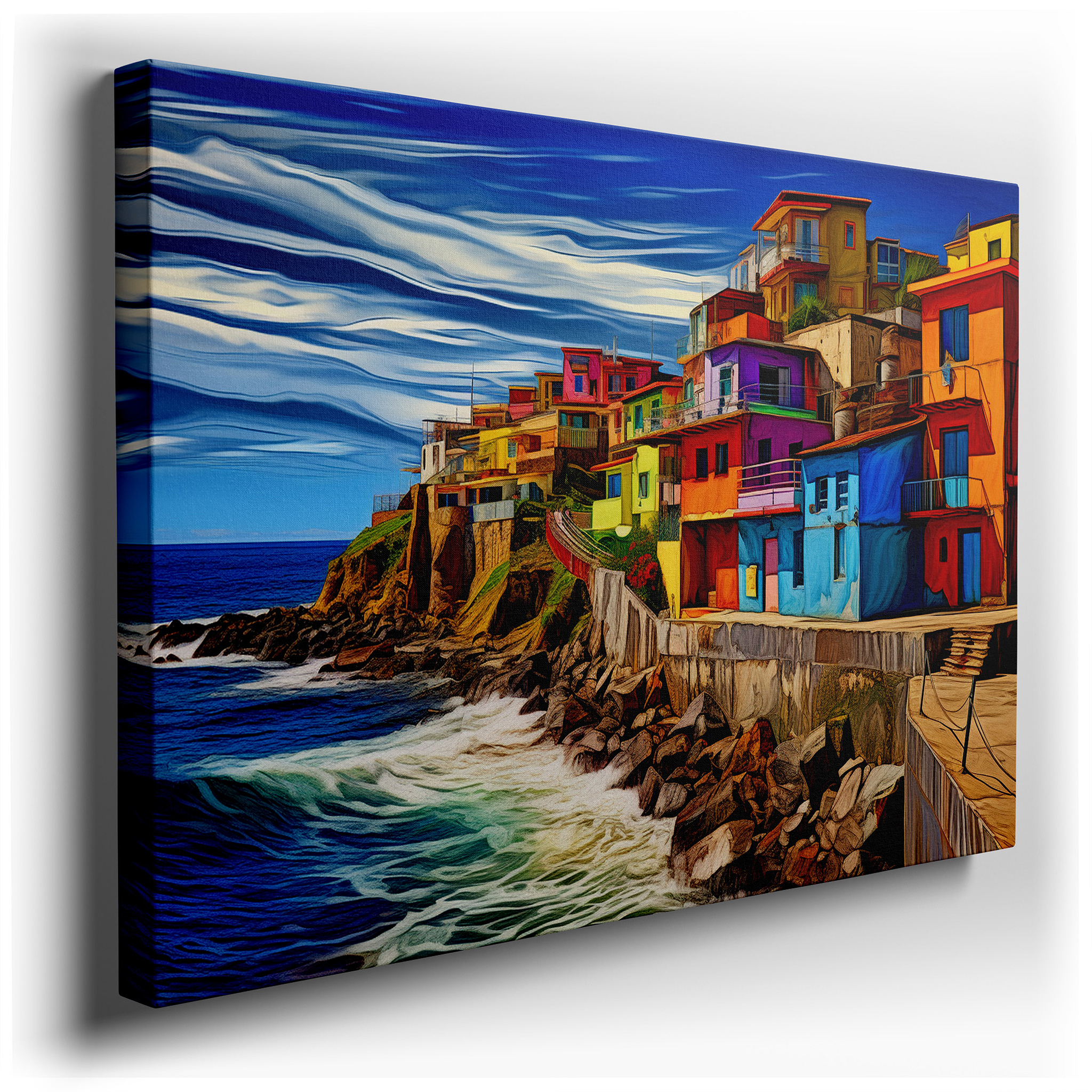 Vibrant Coastal Homes Under Sunlit Skies: A Dynamic Blend of Land and Sea - Large Wall Art, Canvas Wall Art, Wall Decor