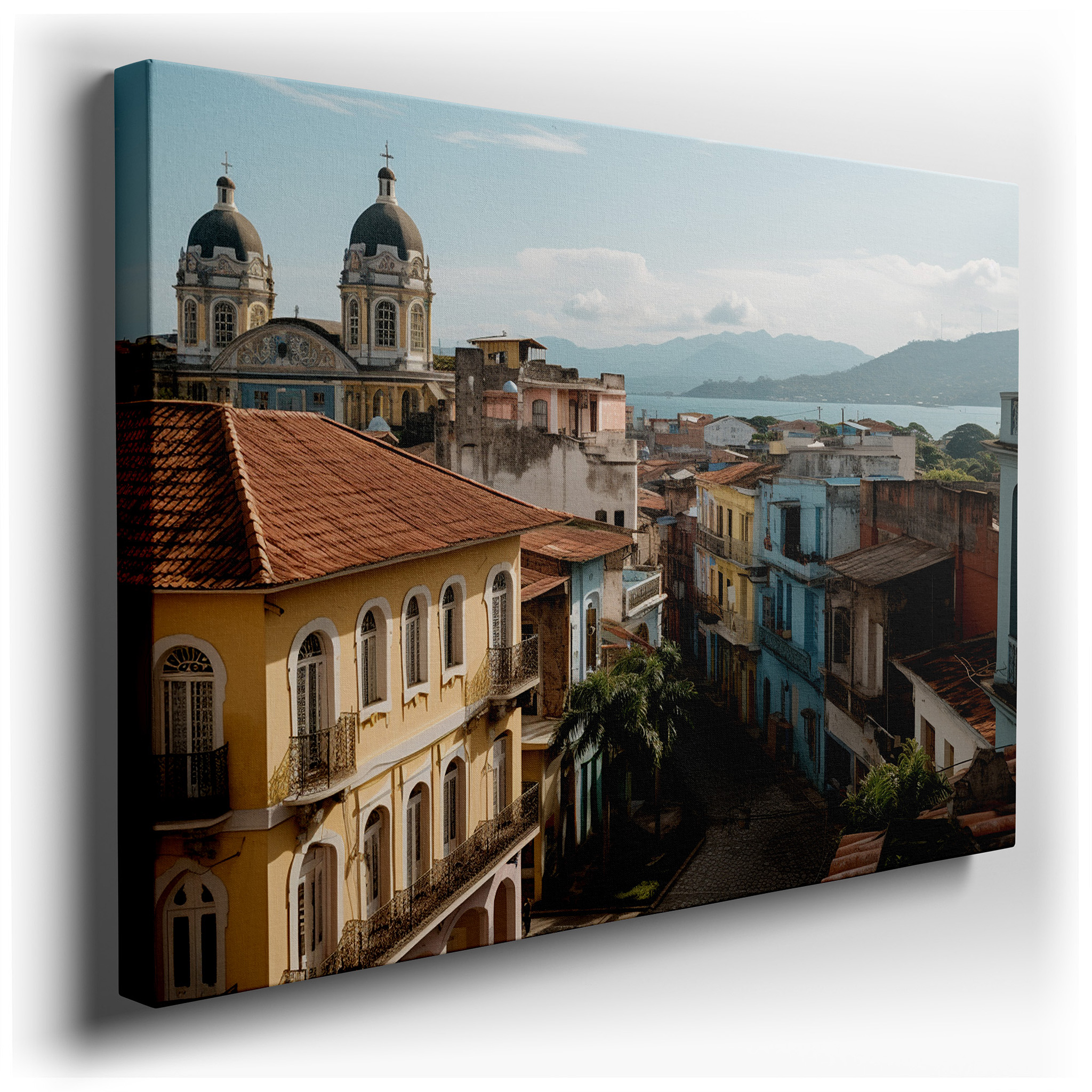Vibrant Cuban Town Wall Art Featuring Pastel Buildings and a Majestic Cathedral - Large Canvas for Office, Bedroom, and