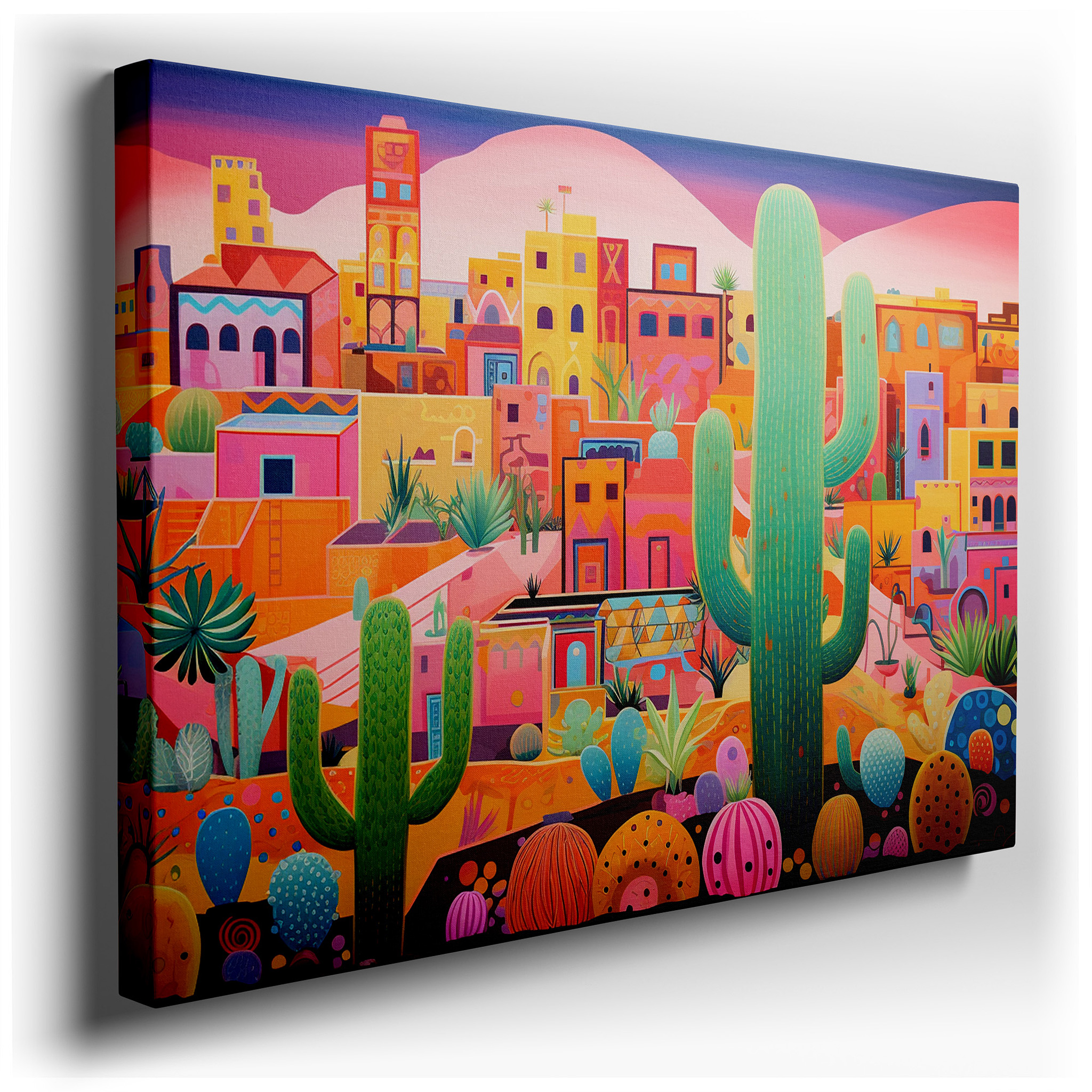Vibrant Desert Town Surrounded by Towering Cacti: A Cultural Mosaic and Resilient Life - Large Wall Art, Canvas Wall