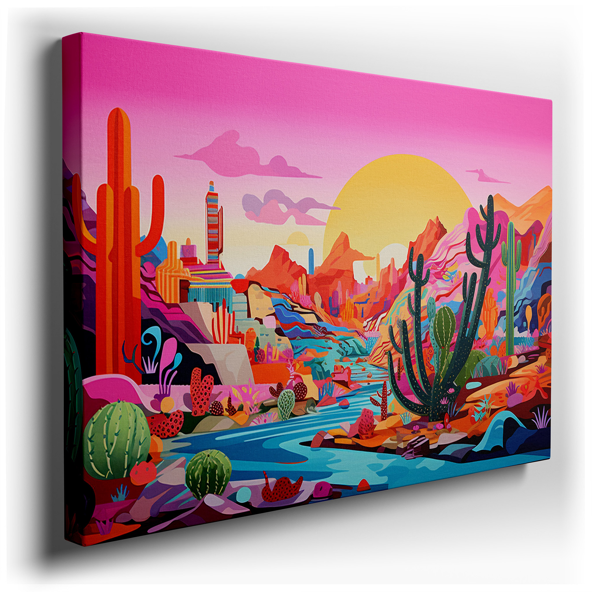 Vibrant Desert Whimsy: Stylized Cacti and Dynamic Rock Formations Under a Pink Sky - Large Canvas Wall Art for Office