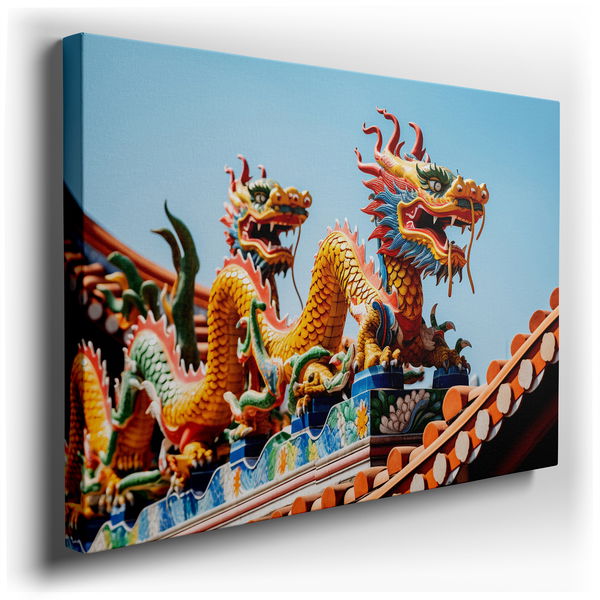 Vibrant Dragons on Ancient Temple - Colorful Canvas Wall Art