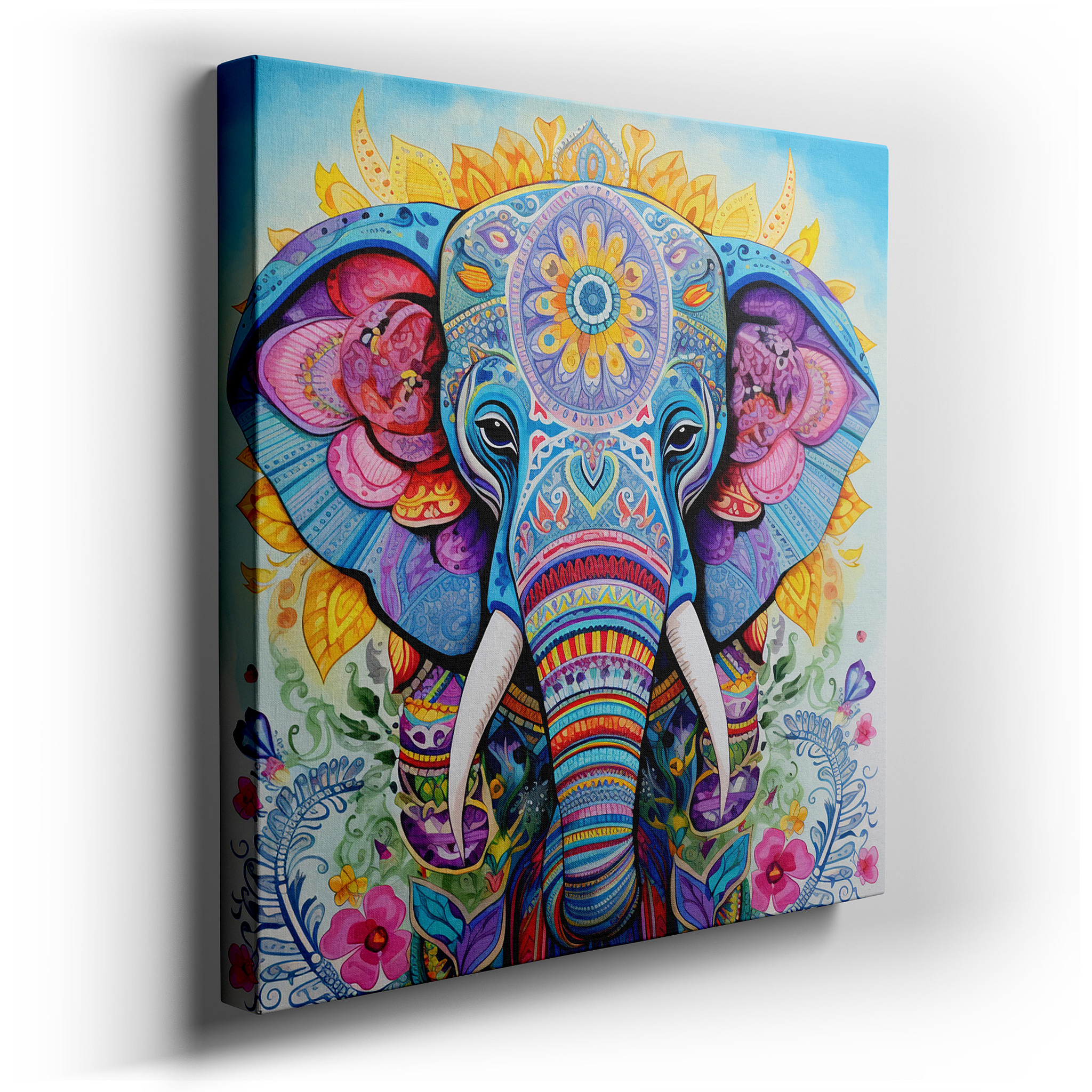 Vibrant Elephant Canvas Featuring Floral Joy and Artistic Celebration: Large Wall Art for Office and Bedroom Decor
