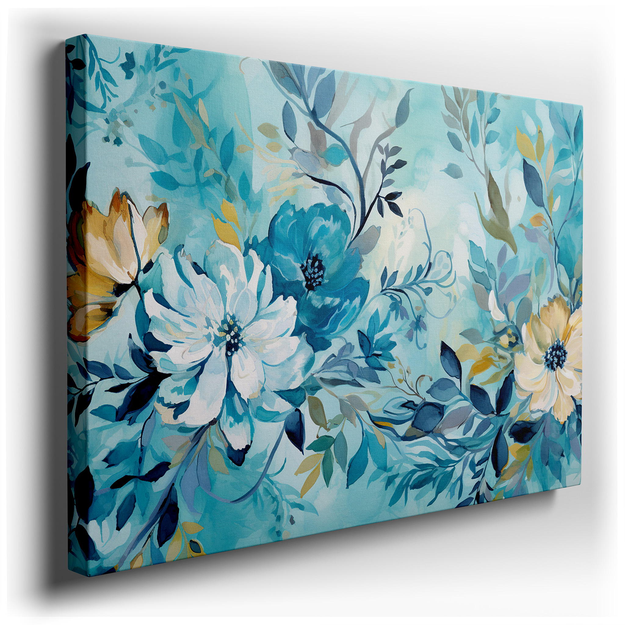 Vibrant Floral Symphony in Blues and Yellows with Soft - Hued Leaves, Large Canvas Wall Art for Office and Bedroom