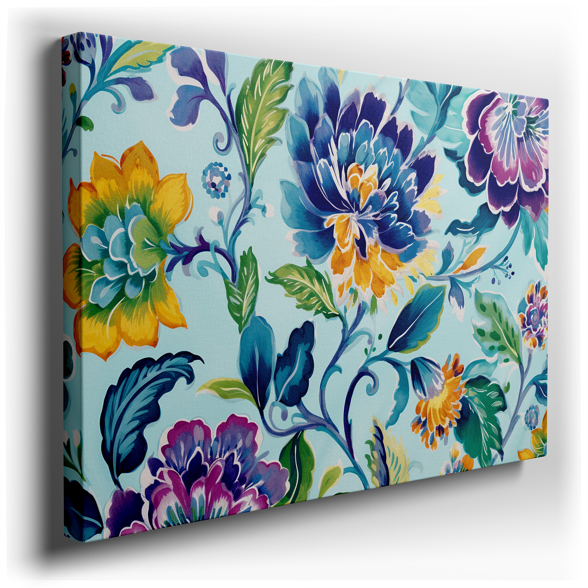 Vibrant Floral Symphony in Blues, Yellows, and Greens: Large Canvas Wall Art for Office, Bedroom, and Living Room Decor