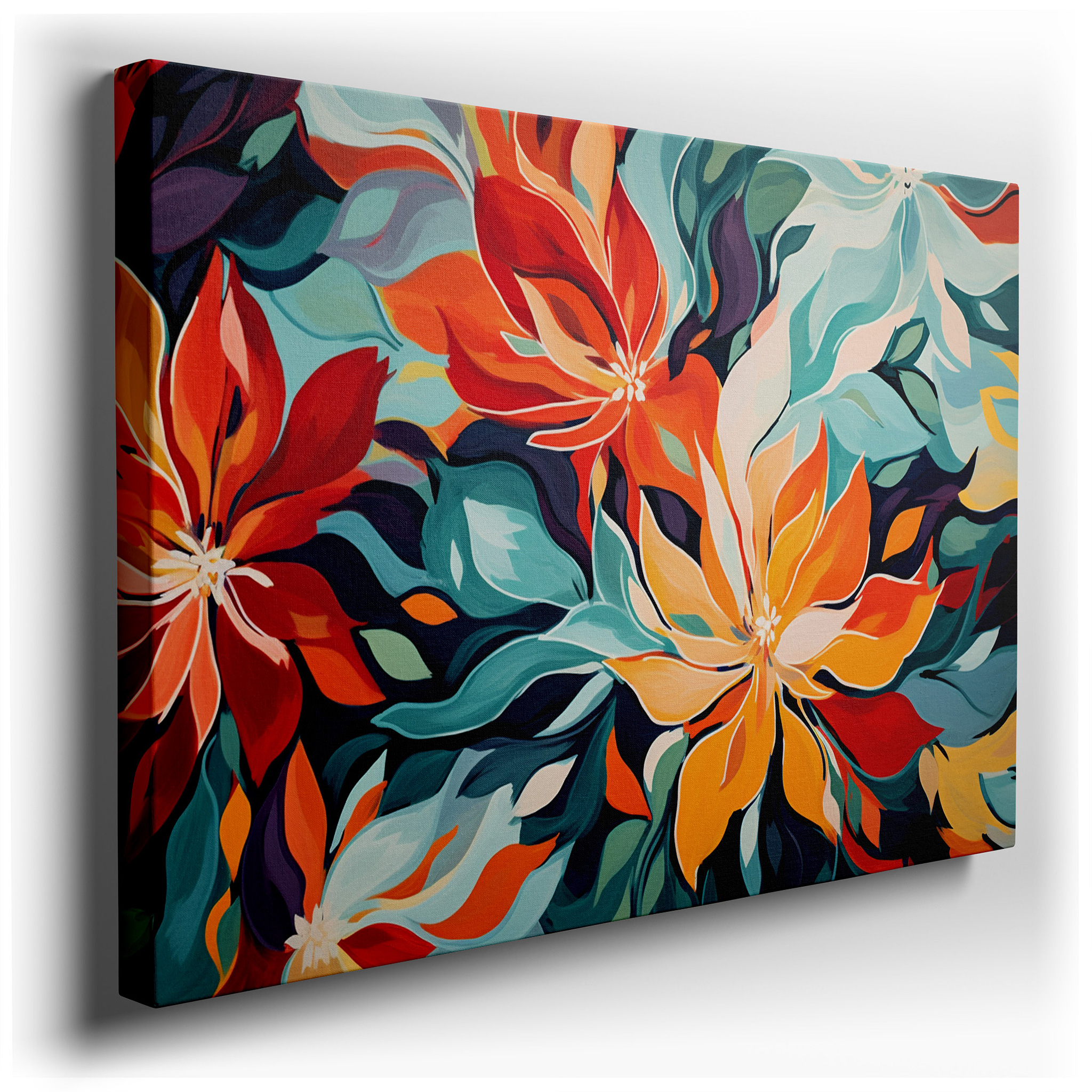 Vibrant Floral Symphony Wall Art in Red, Orange, and Teal - Large Canvas for Office, Bedroom, and Living Room Decor