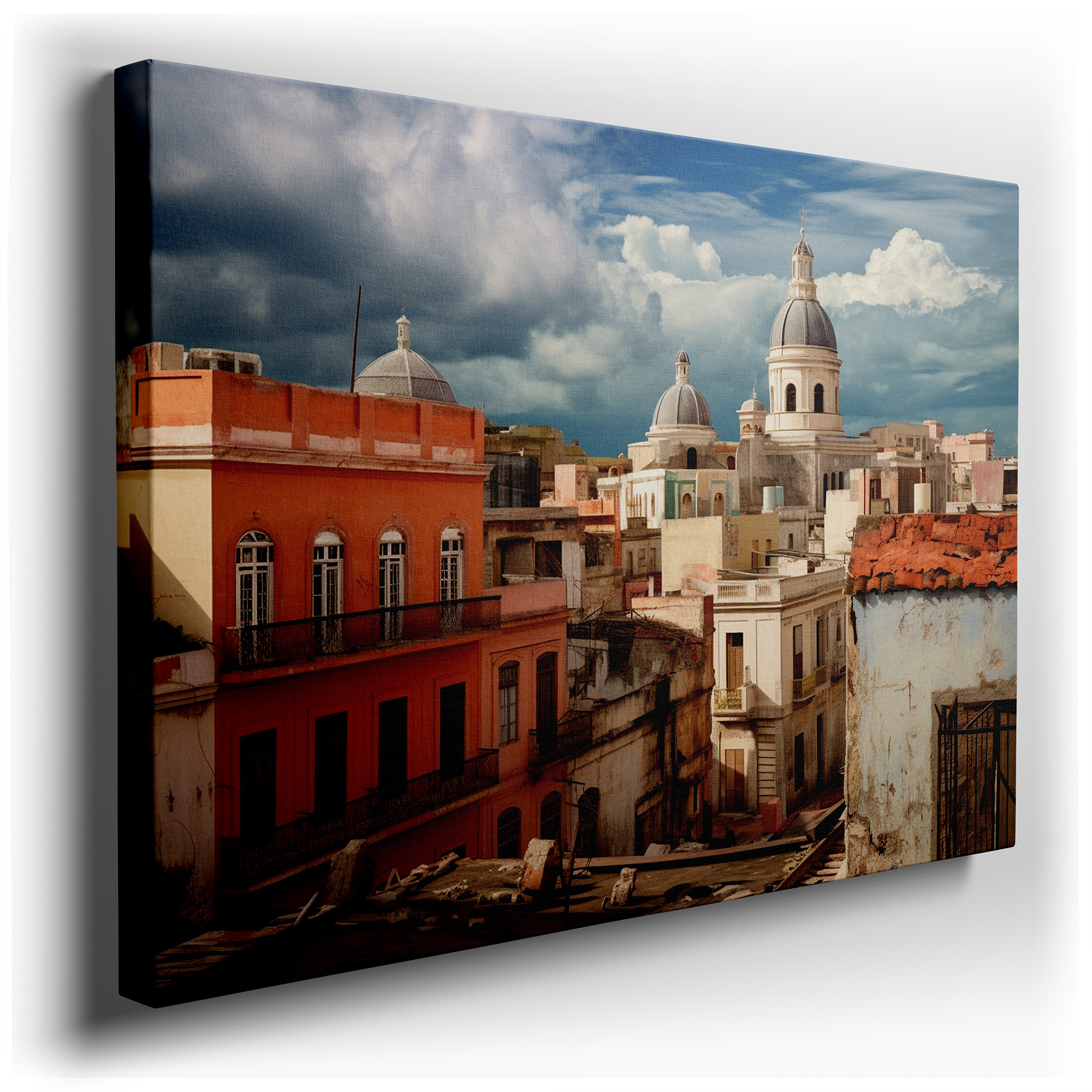 Vibrant Historic Cityscape Canvas Wall Art with Dramatic Sky for Office, Bedroom, and Living Room Decor wrapped canvas