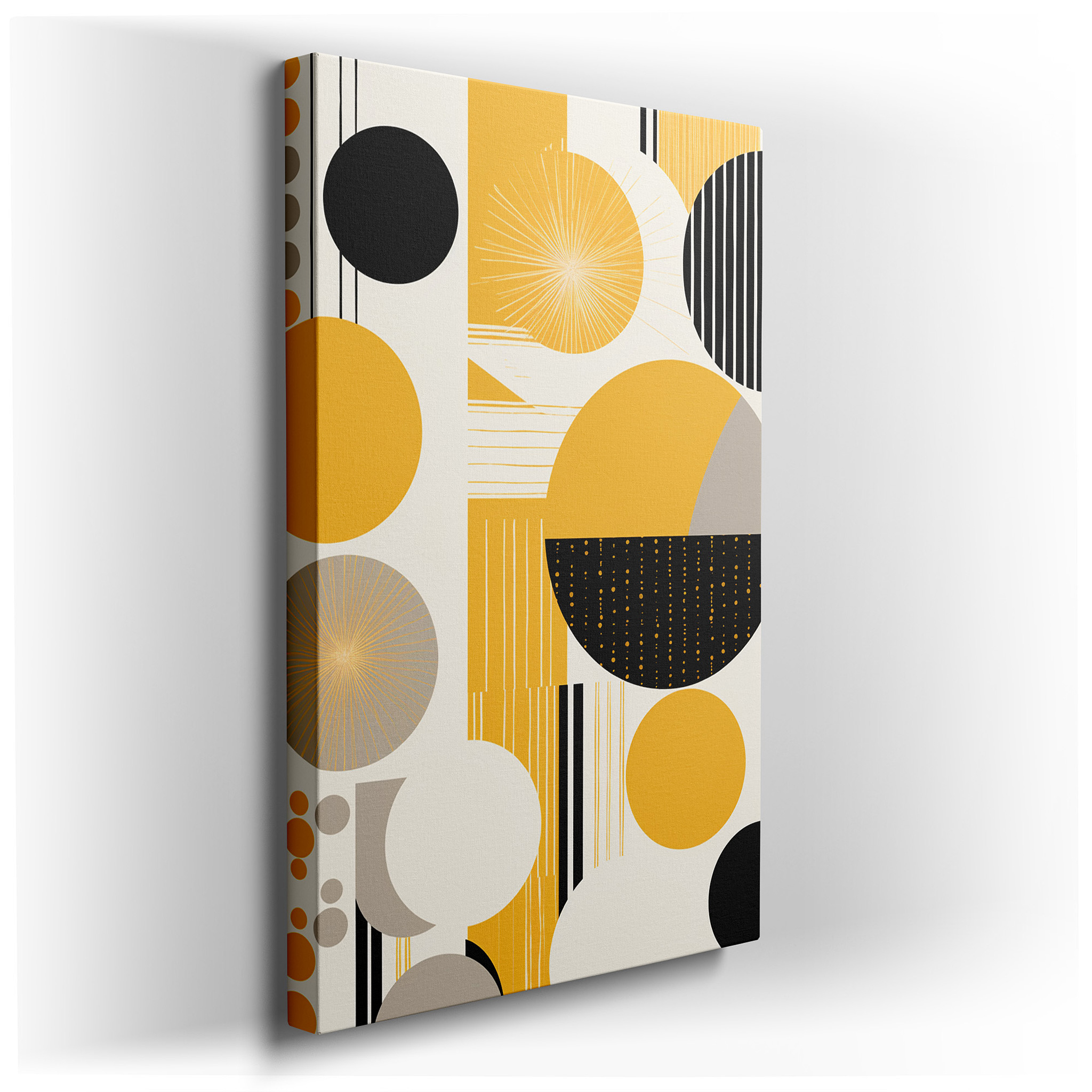 Vibrant Interaction of Geometric Forms in Striking Yellow and Rich Black Hues, Oversized Wall Art, Canvas Art, Home and