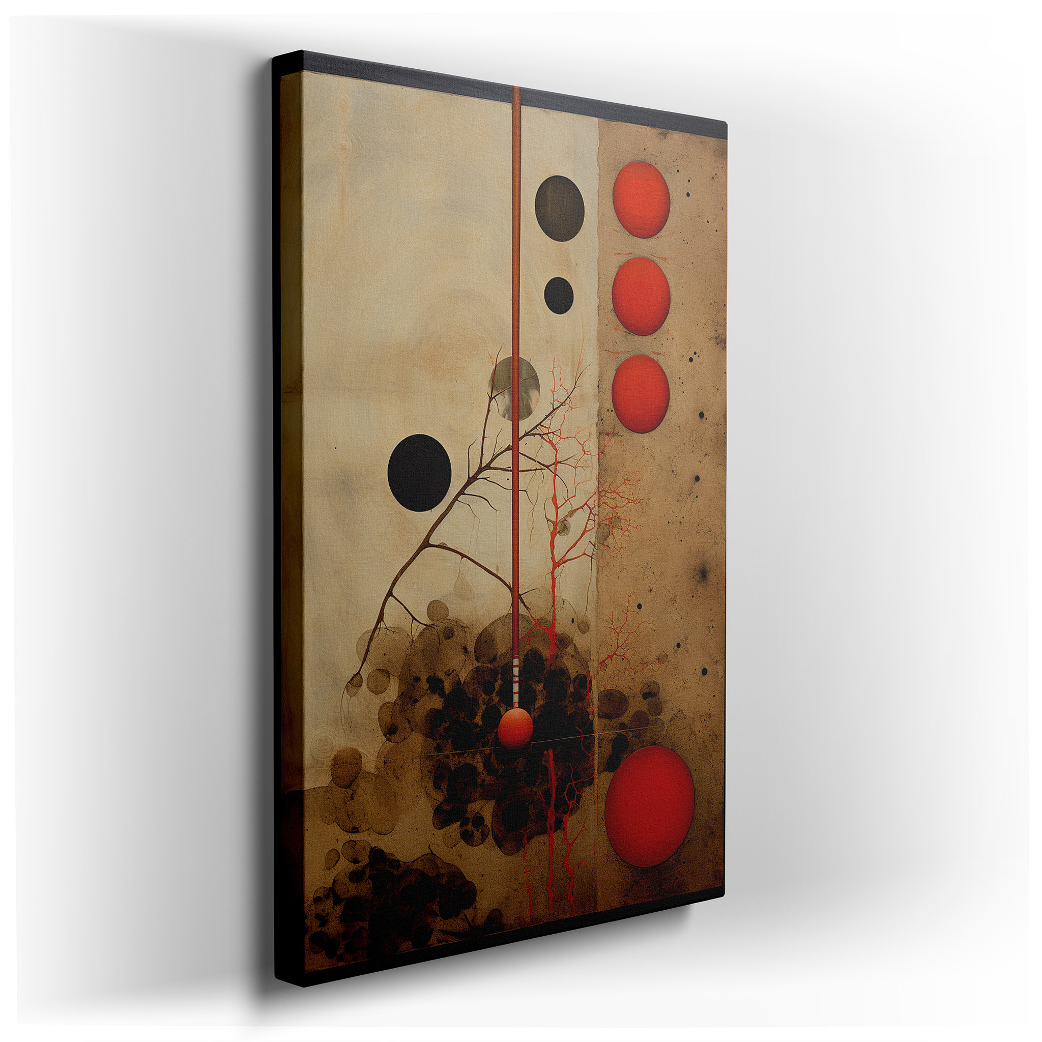 Vibrant Interaction of Red and Black Circles on a Textured Background, Large Canvas Wall Art for Home and Office Decor