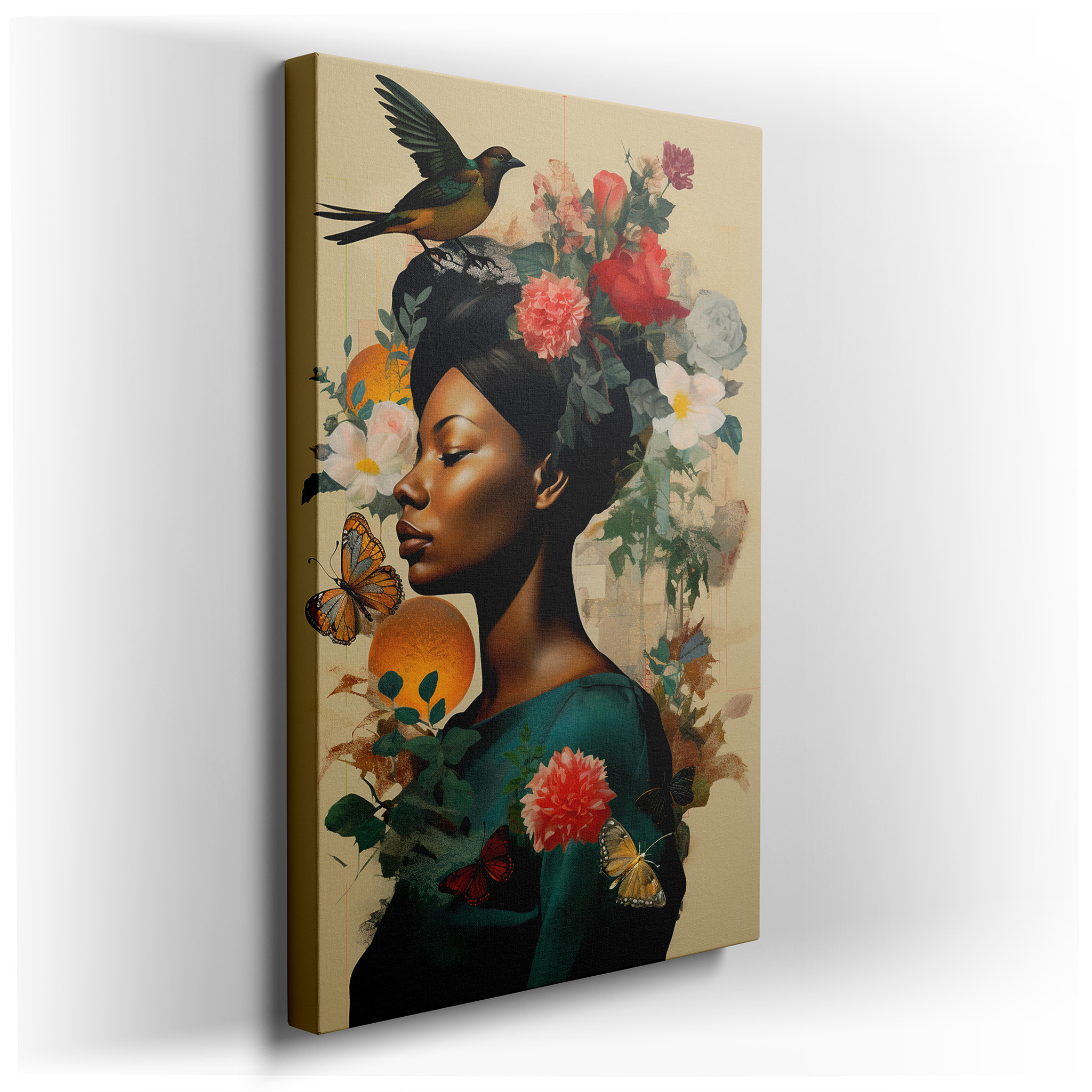 Vibrant Large Wall Art Featuring a Woman Adorned with Flowers and Butterflies, Capturing Ethereal Beauty and Nature's