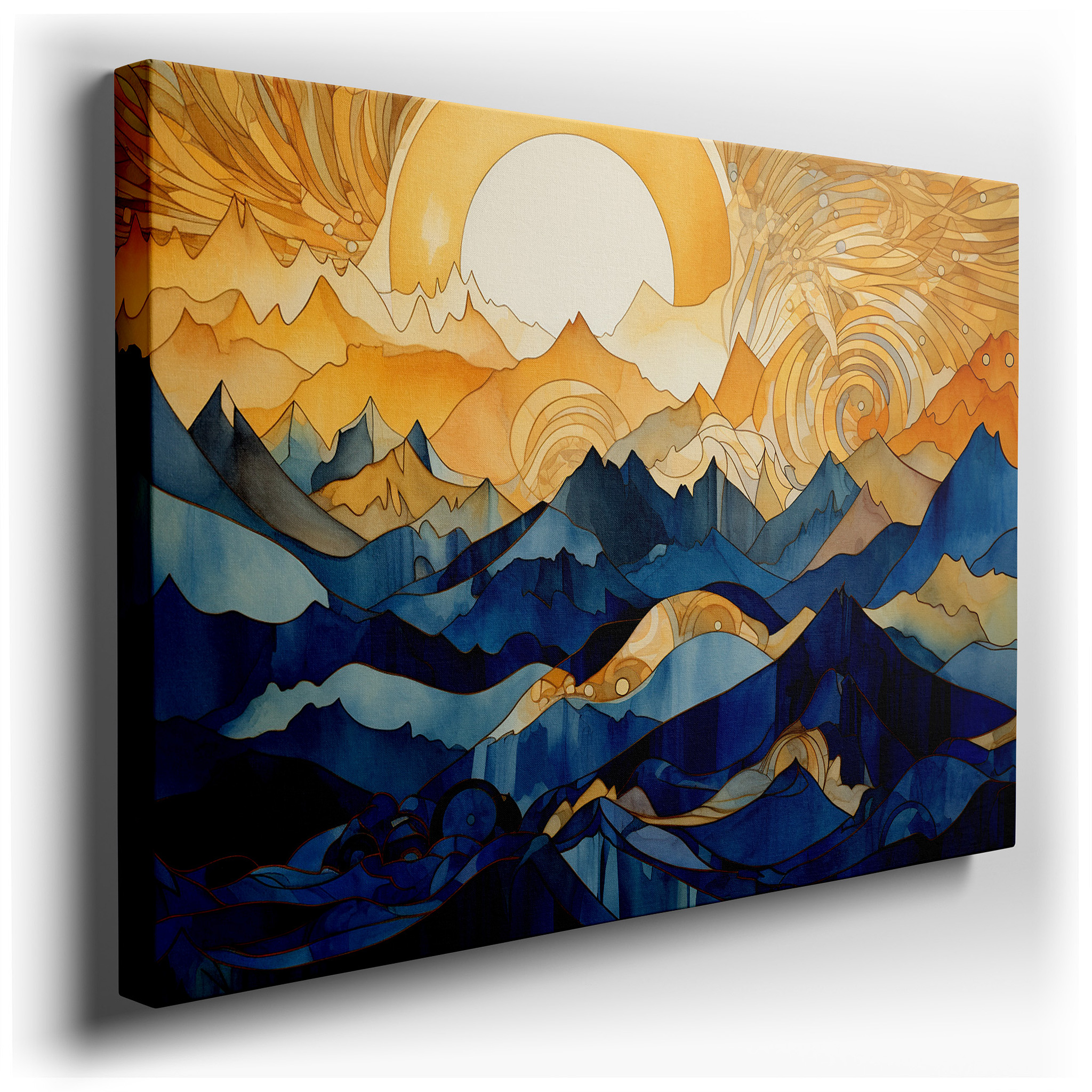 Vibrant Mountain Landscape in Bold Blues and Bright Oranges, Perfectly Balancing Energy and Calmness, Large Wall Art,