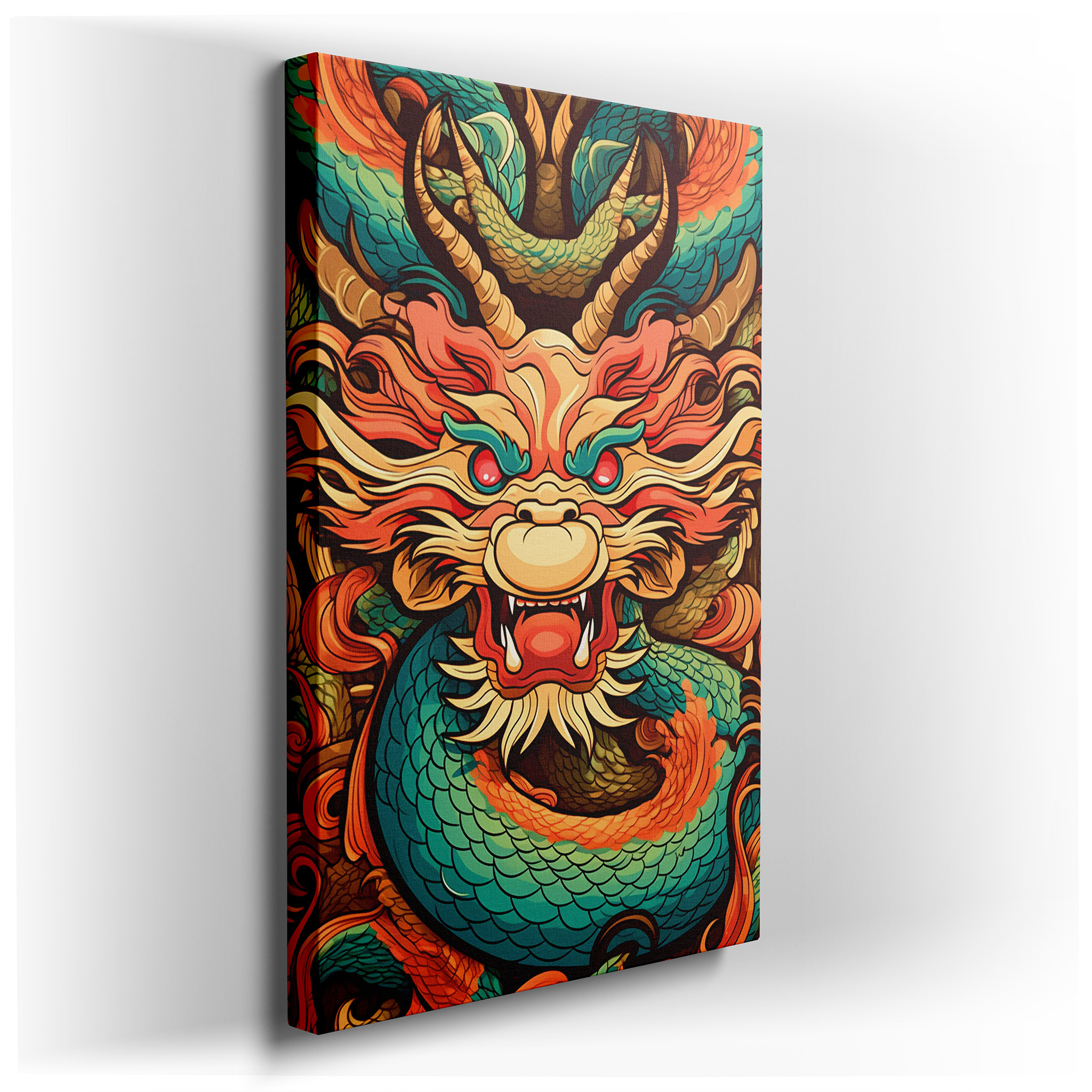 Vibrant Mythical Dragon Portrait, Symbolizing Strength and Wisdom, Large Canvas Wall Art for Office Decor wrapped