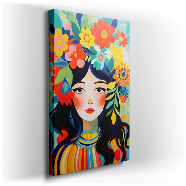 Vibrant Nature Crowned Woman - Abstract Floral Canvas Wall Art
