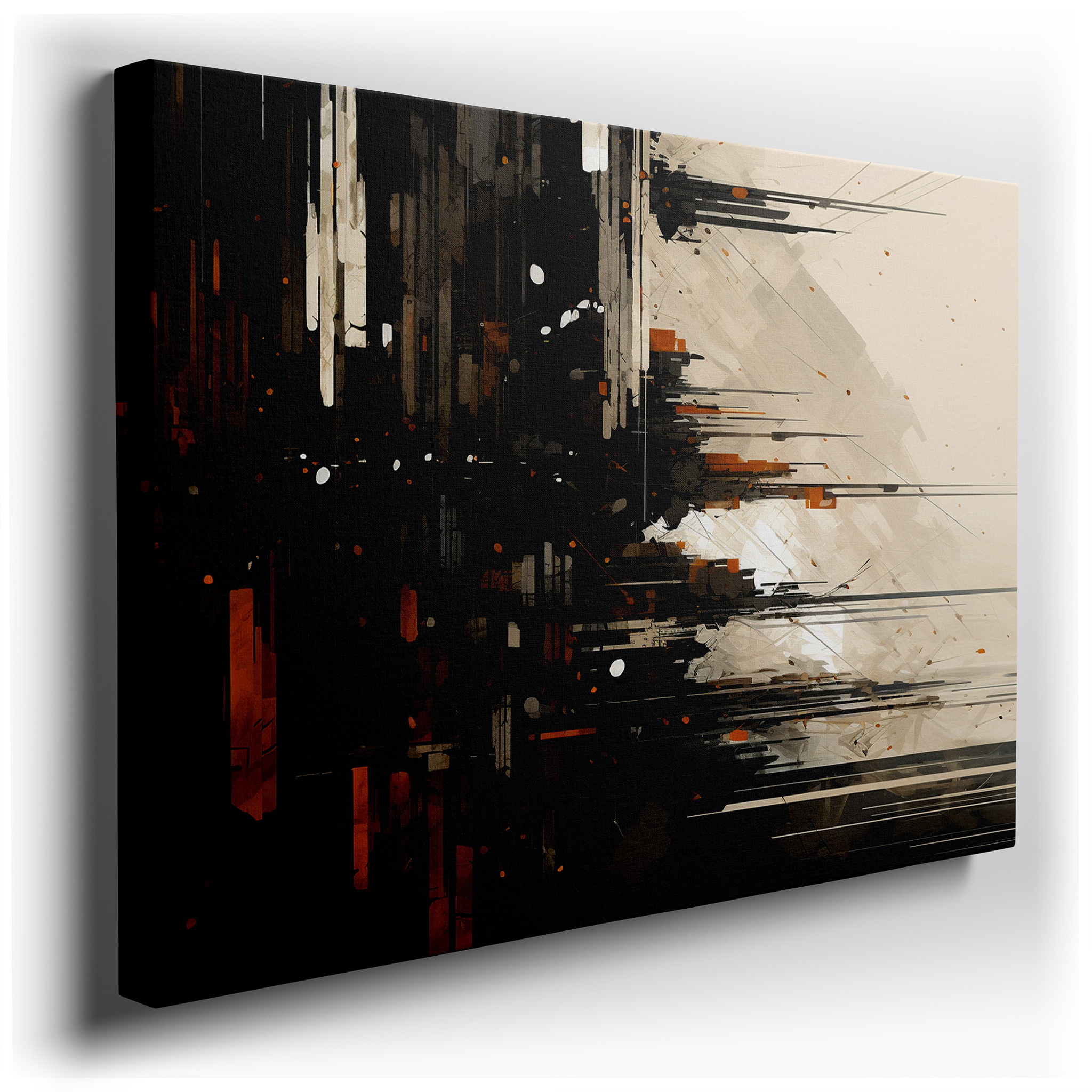 Vibrant Orange and Black Abstract Cityscape, Embodying Urban Vigor and the Enigma of the Night - Large Canvas Wall Art