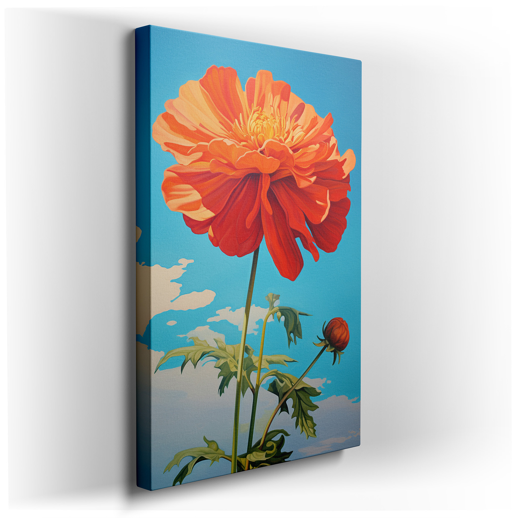 Vibrant Orange Flower Against Serene Blue Sky - Celebrating Nature's Dynamic Beauty, Large Canvas Wall Art for Home and