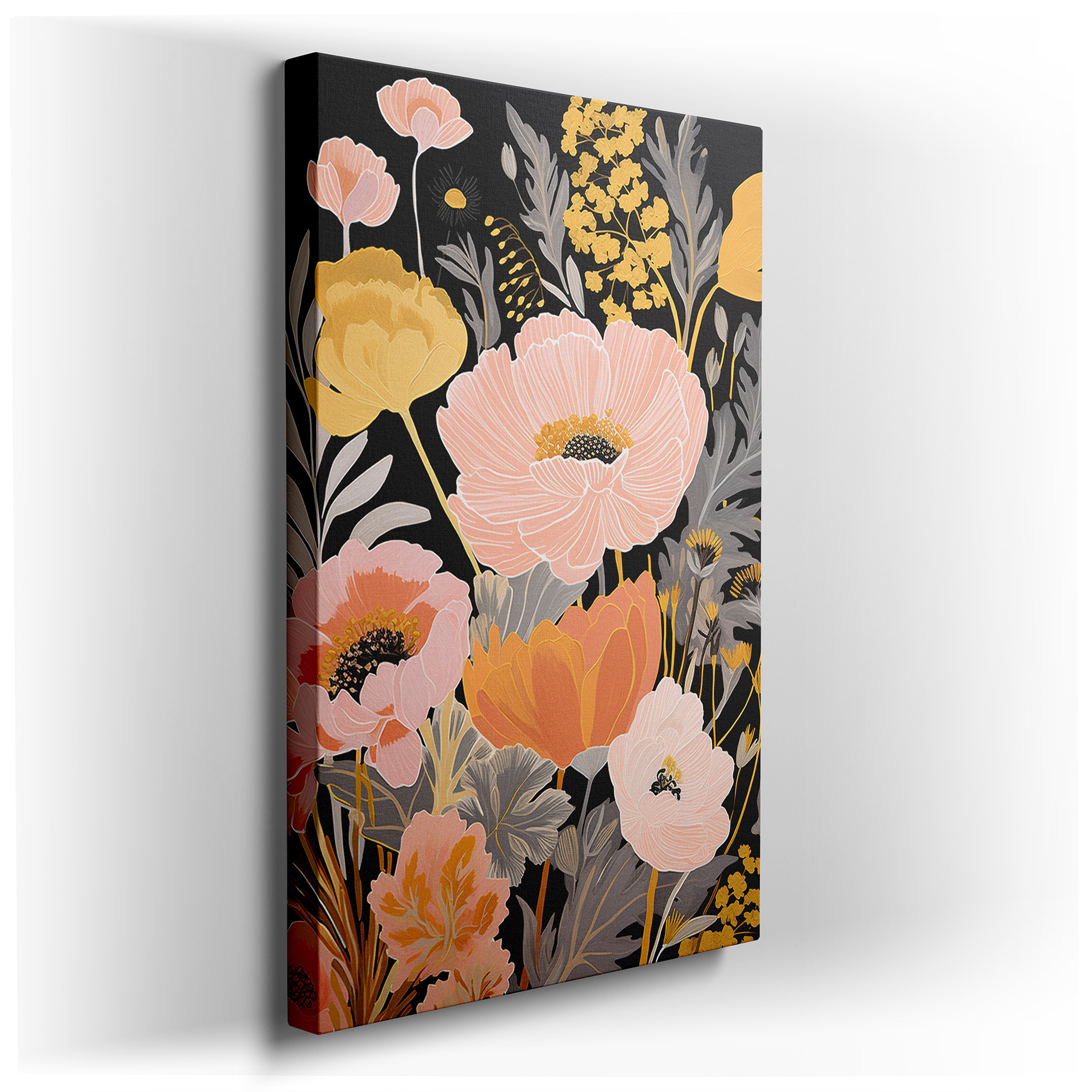 Vibrant Pastel Flowers on a Stark Black Background - Celebrating Nature's Delicate Artistry, Large Canvas Wall Art