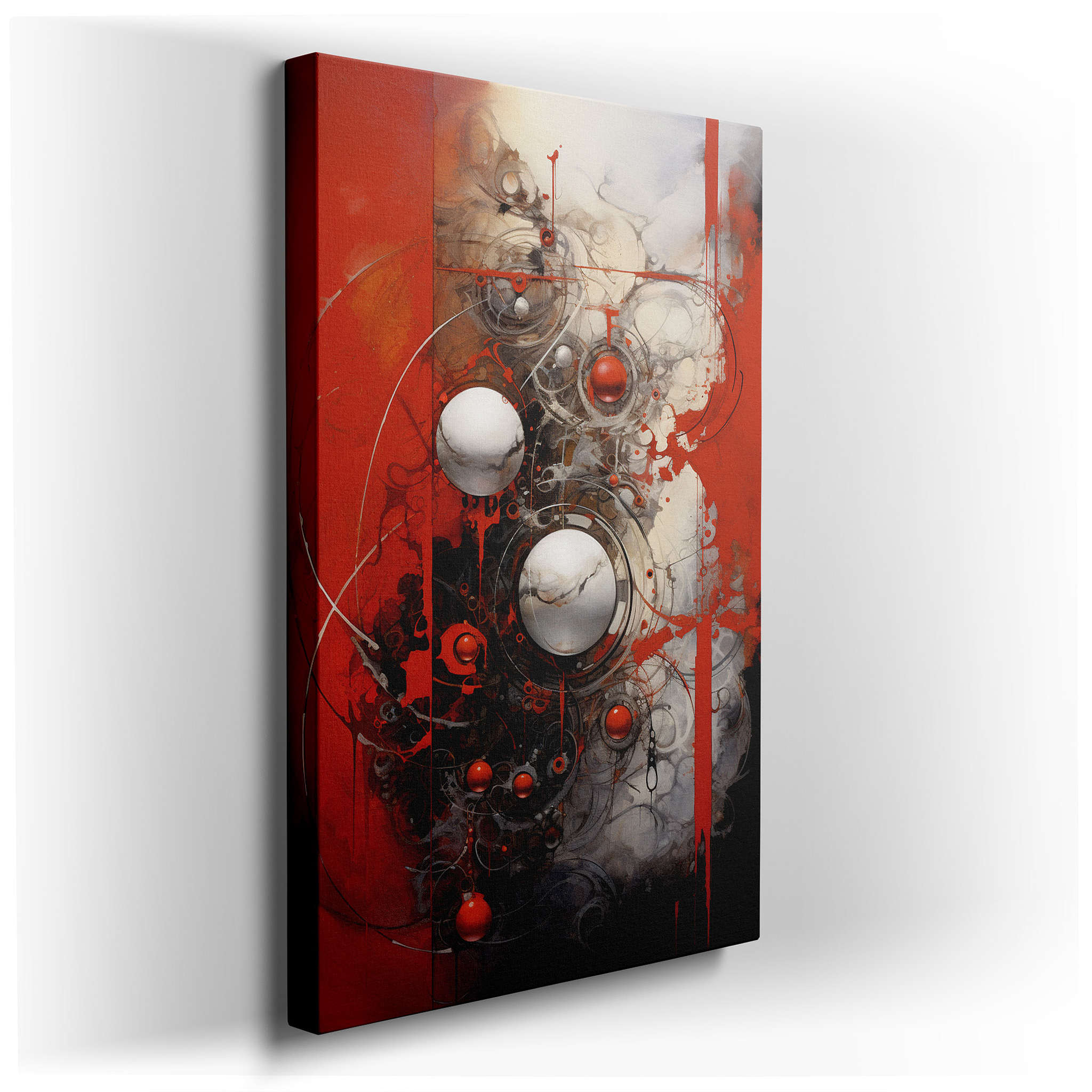 Vibrant Red and Black Interaction with Metallic Globes and Geometric Accuracy, Large Canvas Wall Art for Office and