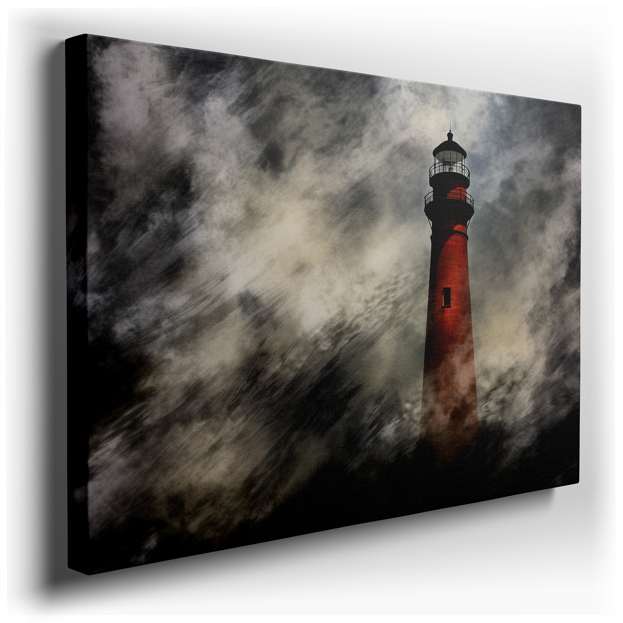 Vibrant Red Lighthouse - A Symbol of Resilience Under Stormy Skies Large Wall Art, Canvas Wall Art, Wall Decor, Office