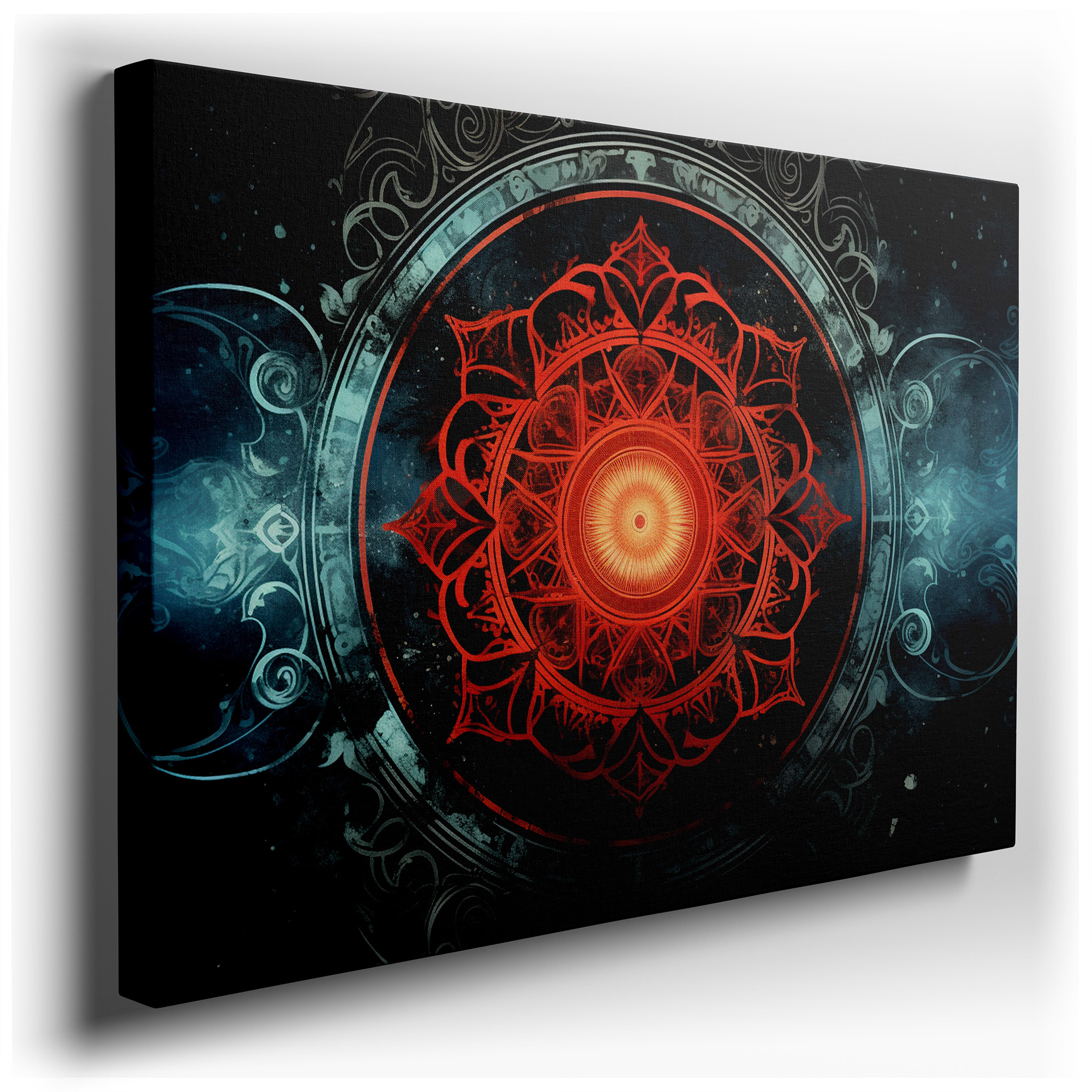 Vibrant Red Mandala Featuring Cosmic Elements, Representing Universal Harmony and Spiritual Depth, Large Canvas Wall