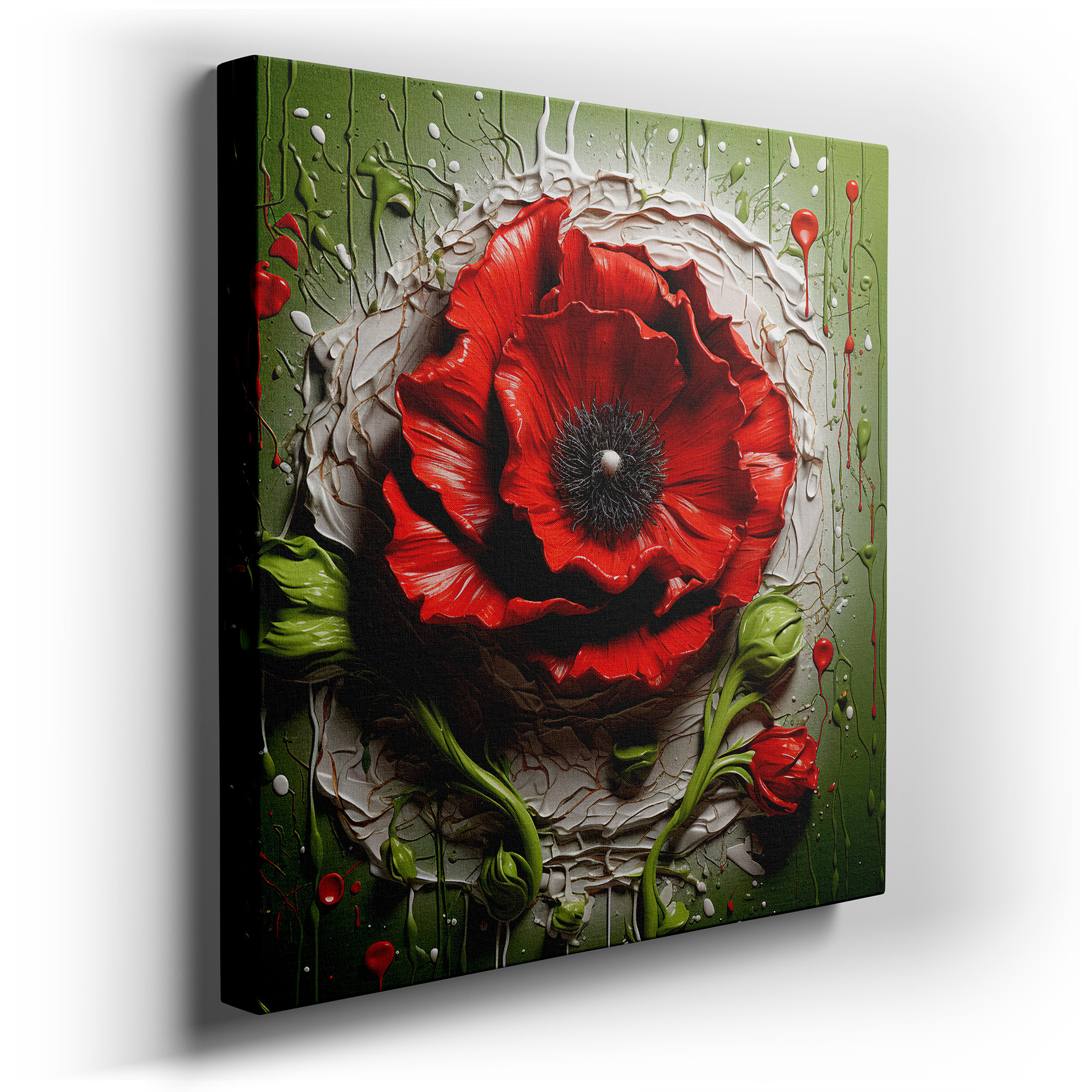 Vibrant Red Poppy Amidst Chaotic Paint Splatters - A Blend of Nature and Artistic Expression Large Wall Art, Canvas