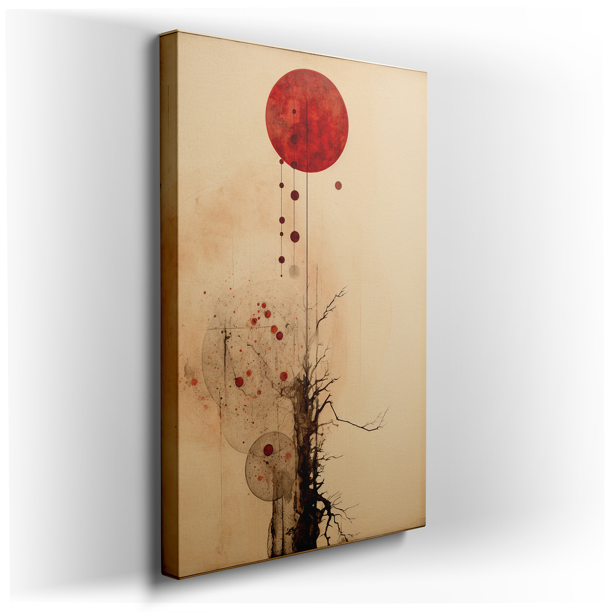 Vibrant Red Spheres and Bold Tree Outline - A Blend of Abstract Art and Nature Themes, Large Wall Decor, Canvas Art,