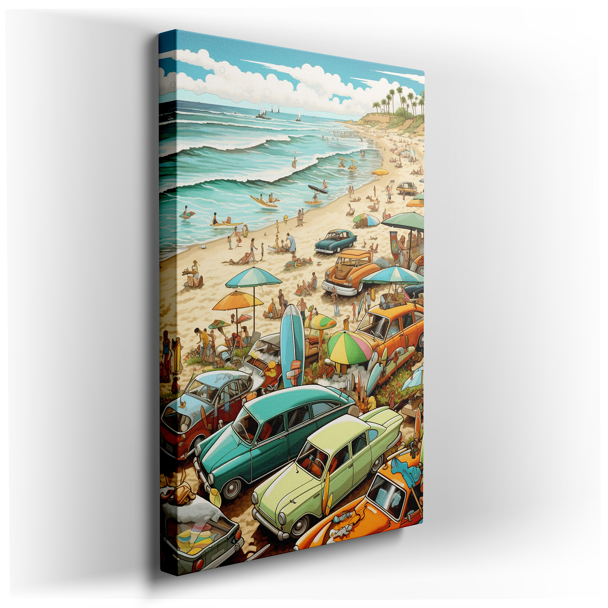 Vibrant Retro Beach Scene Featuring Classic Cars and Sunny Days - Large Canvas Wall Art for Office, Bedroom, and Living