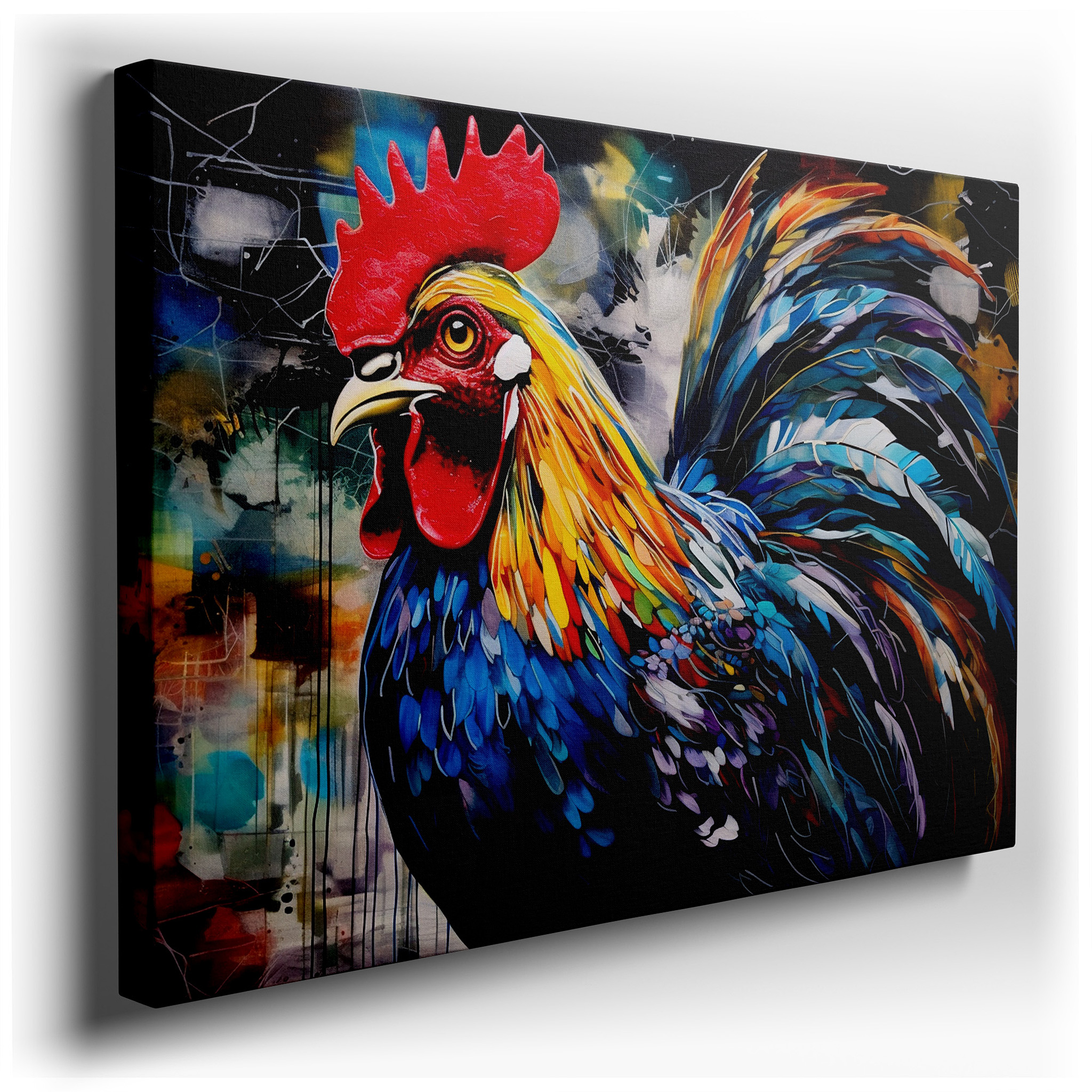 Vibrant Rooster Wall Art in Fiery Reds and Deep Blues, Celebrating Life - Large Canvas for Office or Bedroom Decor