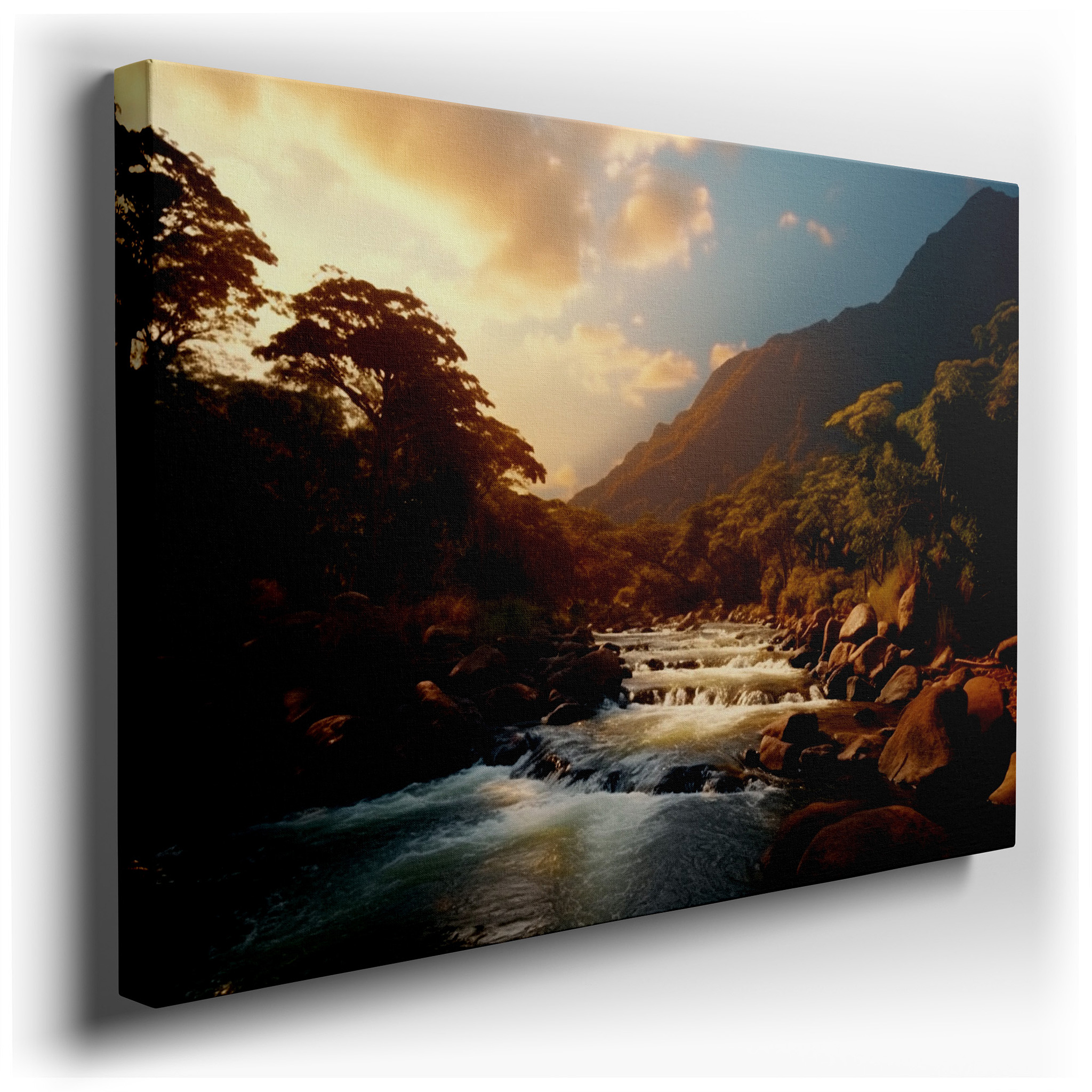 Vibrant Rushing Stream and Serene Greenery at Dusk Large Wall Art, Canvas Wall Art, Wall Decor for Office, Bedroom, and