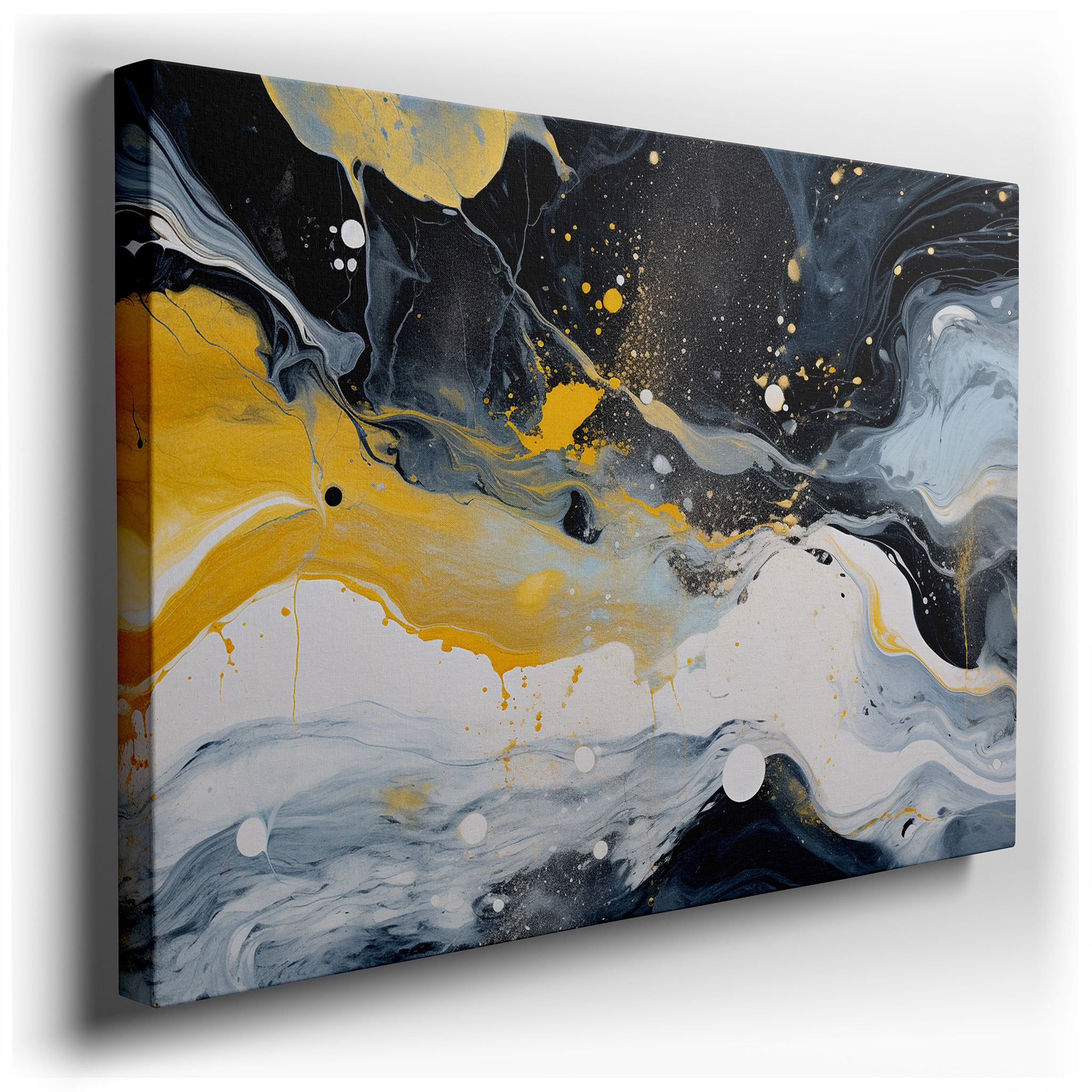 Vibrant Swirls of Black, Yellow, and White Intertwine in Striking Harmony - Large Canvas Wall Art for Home and Office