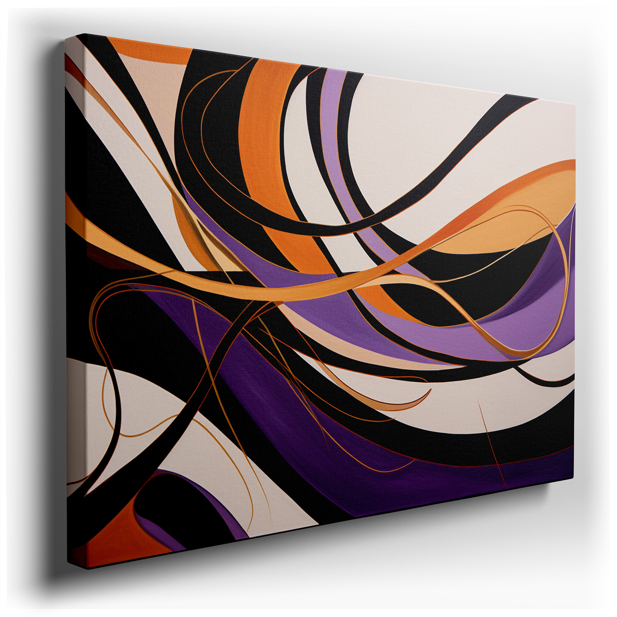 Vibrant Symphony of Curved Lines in Orange, Purple, and Black - Large Canvas Wall Art for Office, Living Room, and