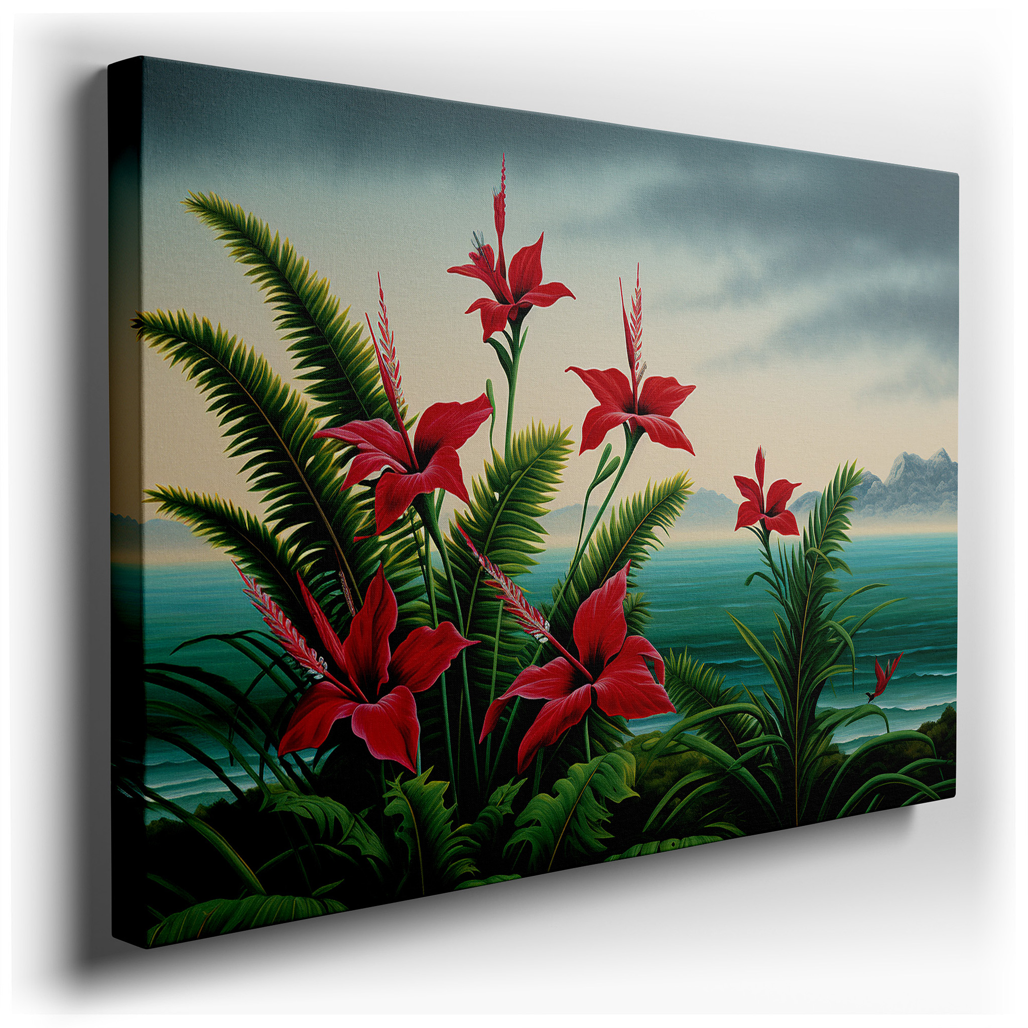 Vibrant Tropical Paradise Wall Art Featuring Red Hibiscus and Lush Greenery, Perfect for Office or Bedroom Decor